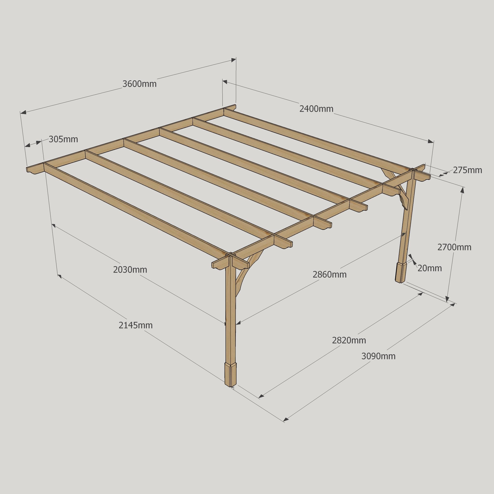 Wall Mounted Premium Pergola - Rustic Brown - 2.4m Depth x 3.6m Length
