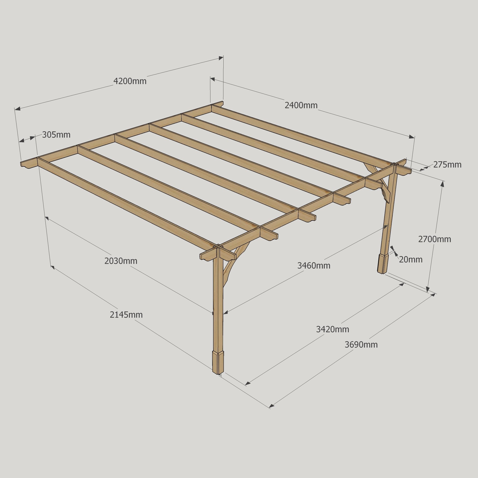 Wall Mounted Premium Pergola - Rustic Brown - 2.4m Depth x 4.2m Length