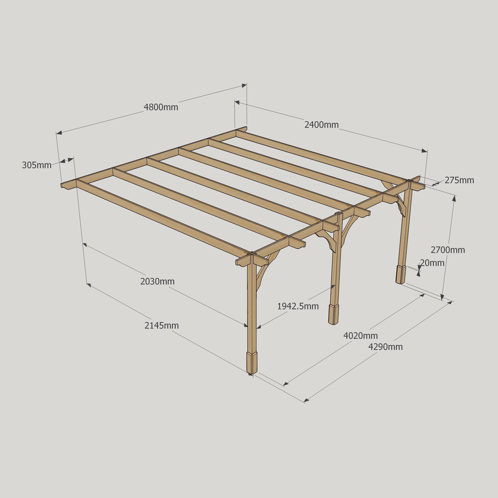 Wall Mounted Premium Pergola - Rustic Brown - 2.4m Depth x 4.8m Length