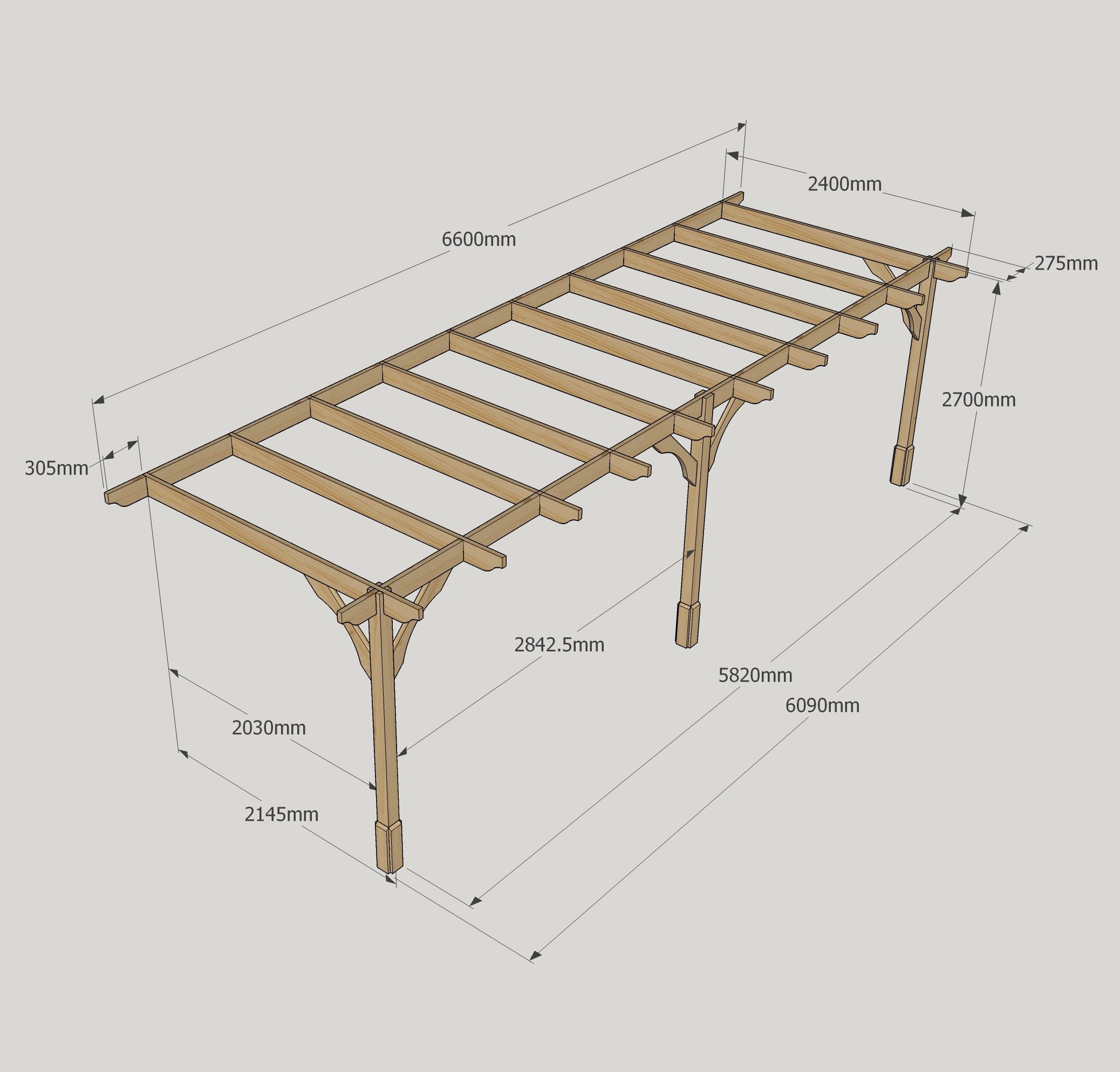 Wall Mounted Premium Pergola - Rustic Brown - 2.4m Depth x 6.6m Length