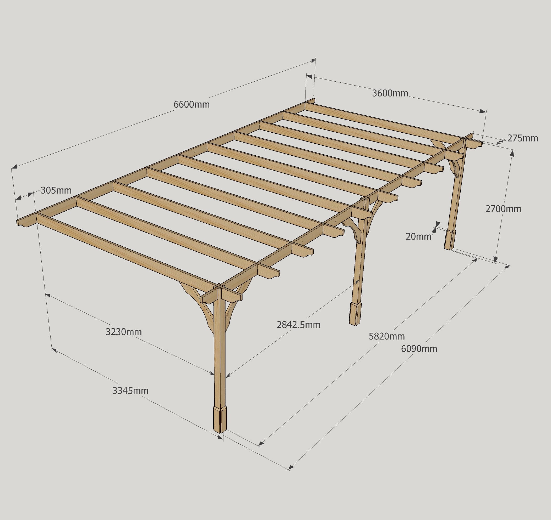 Wall Mounted Premium Pergola - Rustic Brown - 3.6m Depth x 6.6m Length