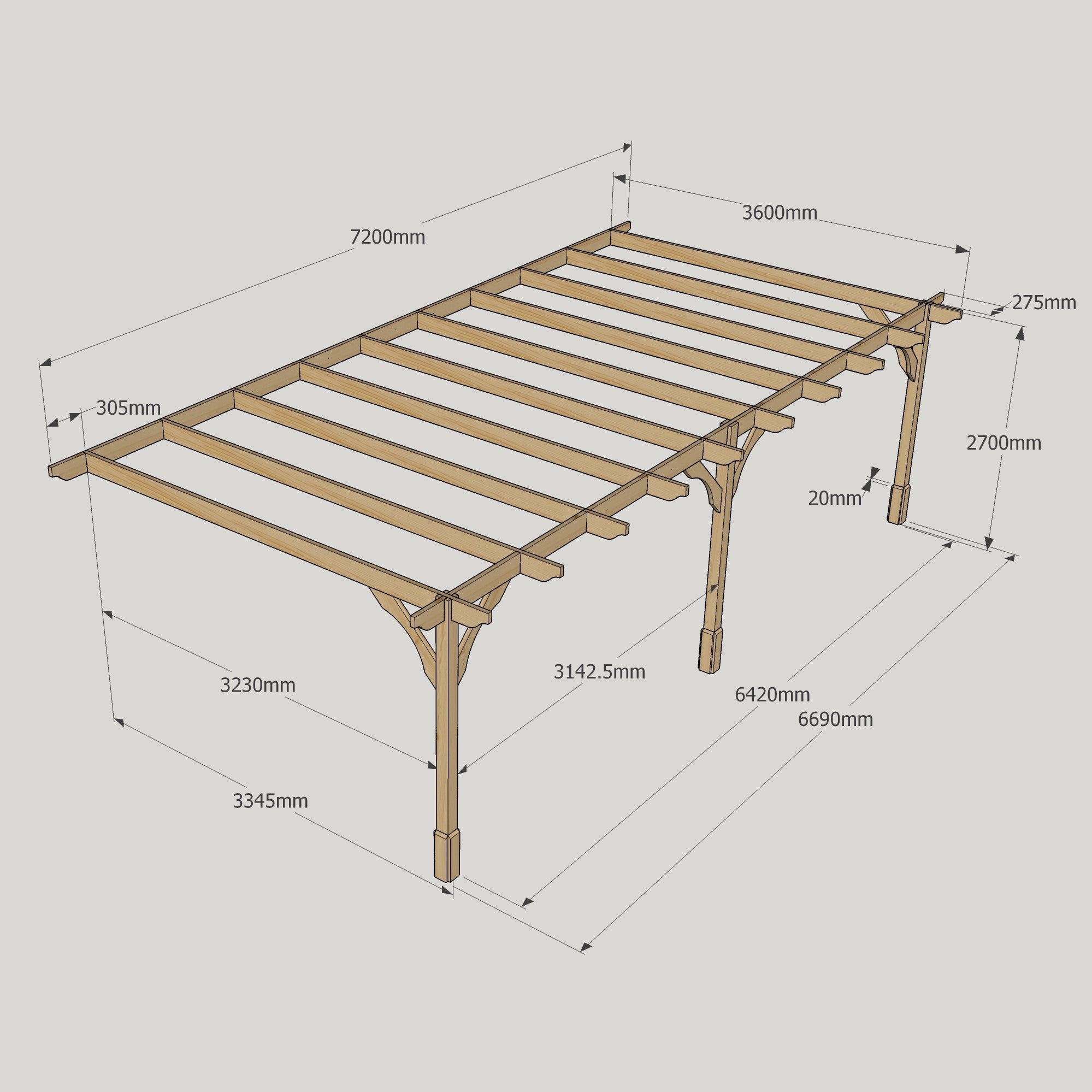 Wall Mounted Premium Pergola - Rustic Brown - 3.6m Depth x 7.2m Length