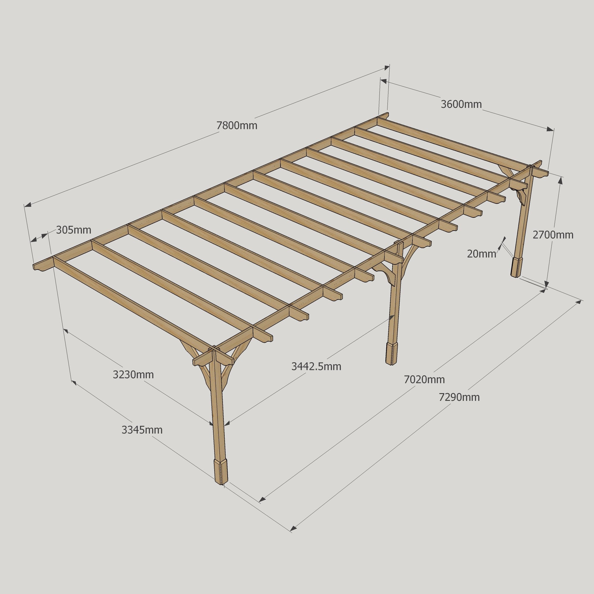 Wall Mounted Premium Pergola - Rustic Brown - 3.6m Depth x 7.8m Length