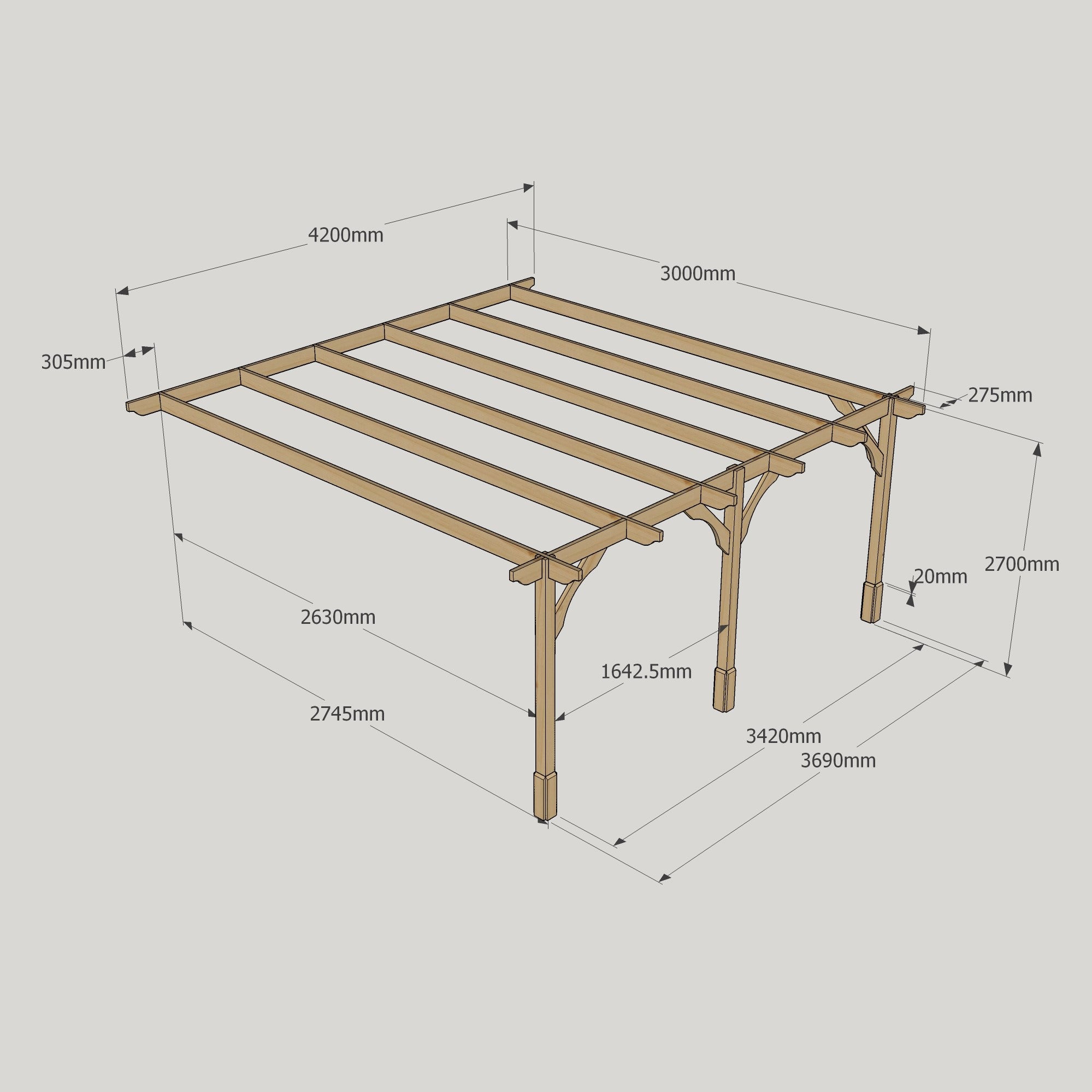 Wall Mounted Premium Pergola - Rustic Brown - 3m Depth x 4.2m Length