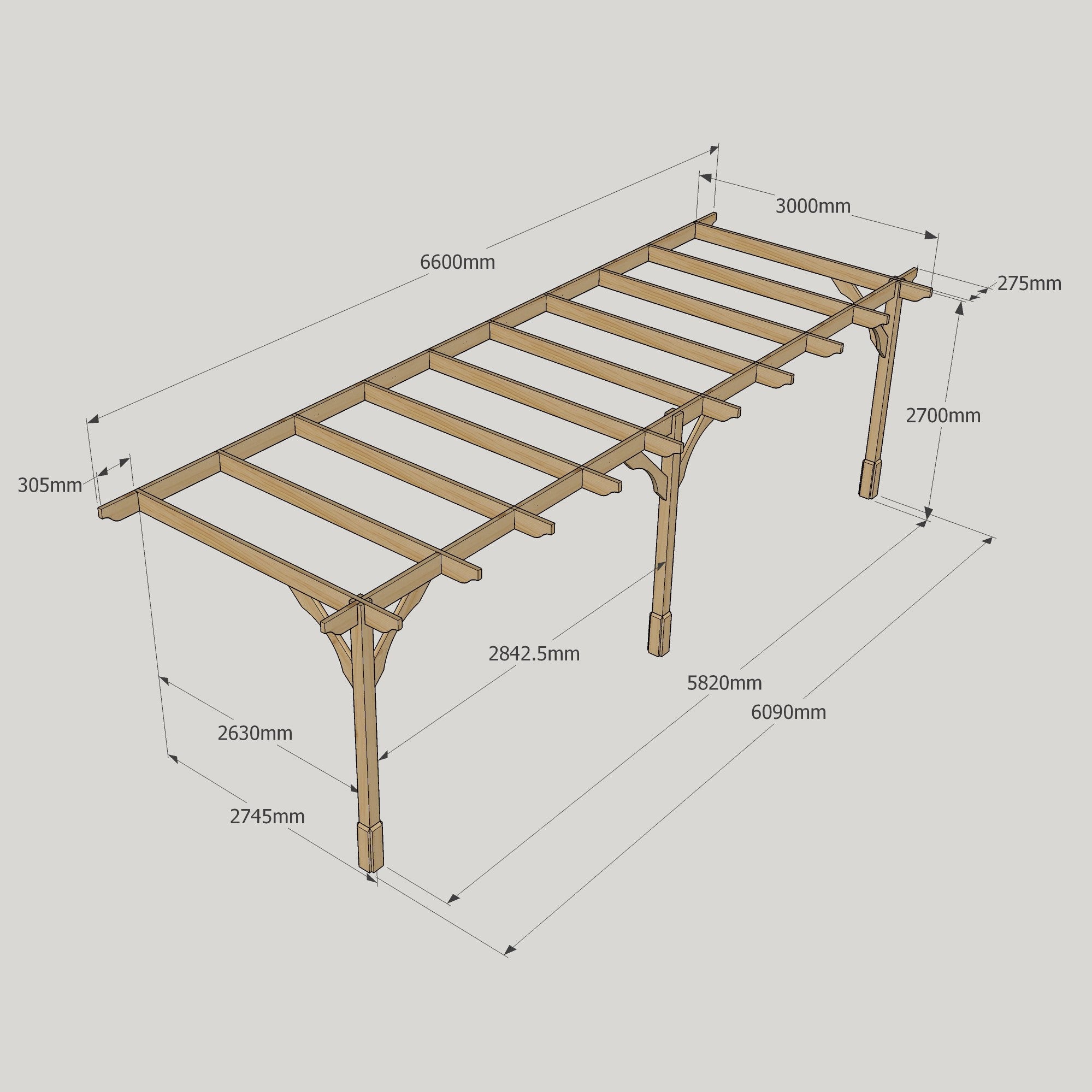 Wall Mounted Premium Pergola - Rustic Brown - 3m Depth x 6.6m Length