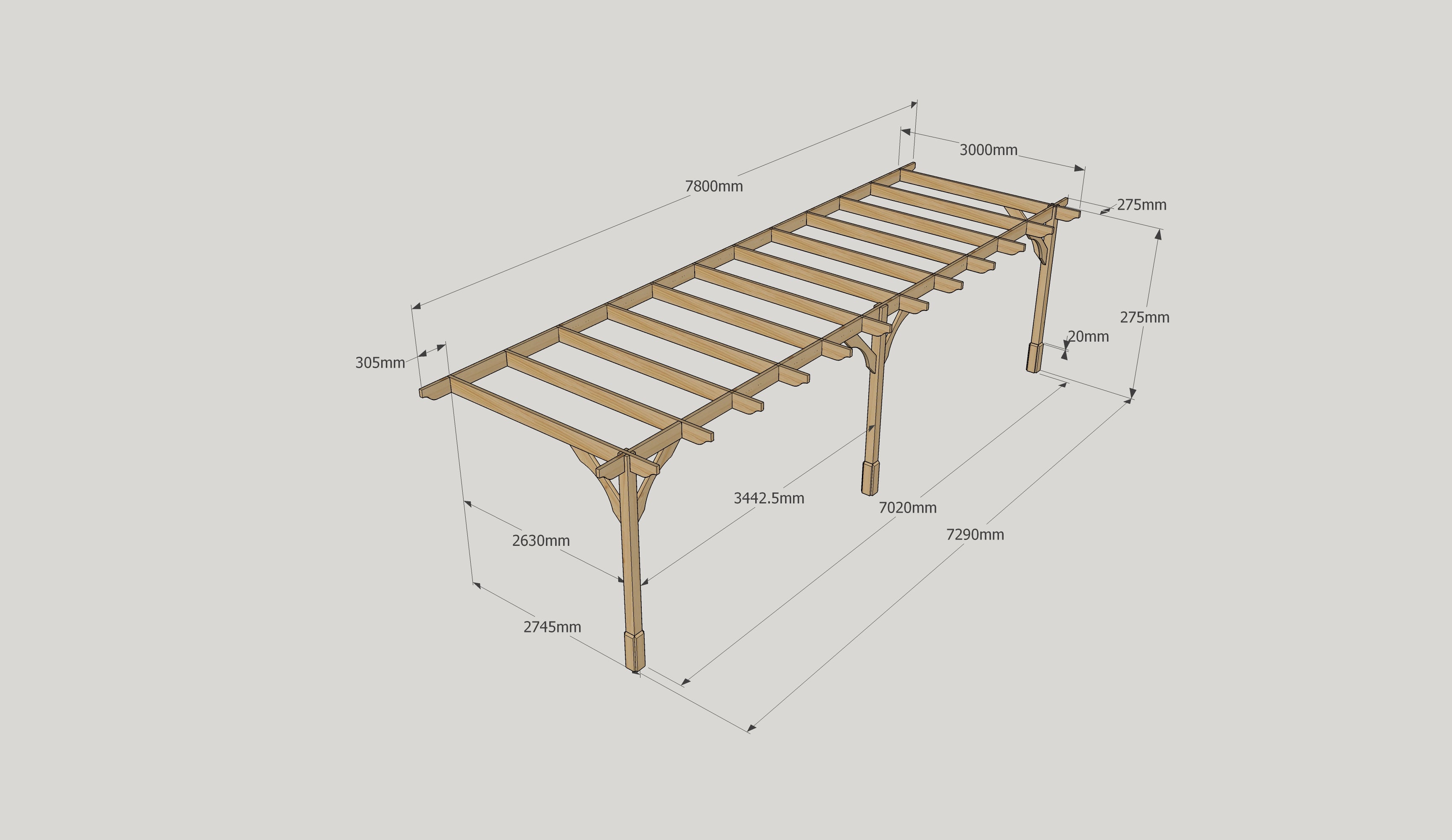 Wall Mounted Premium Pergola - Rustic Brown - 3m Depth x 7.8m Length