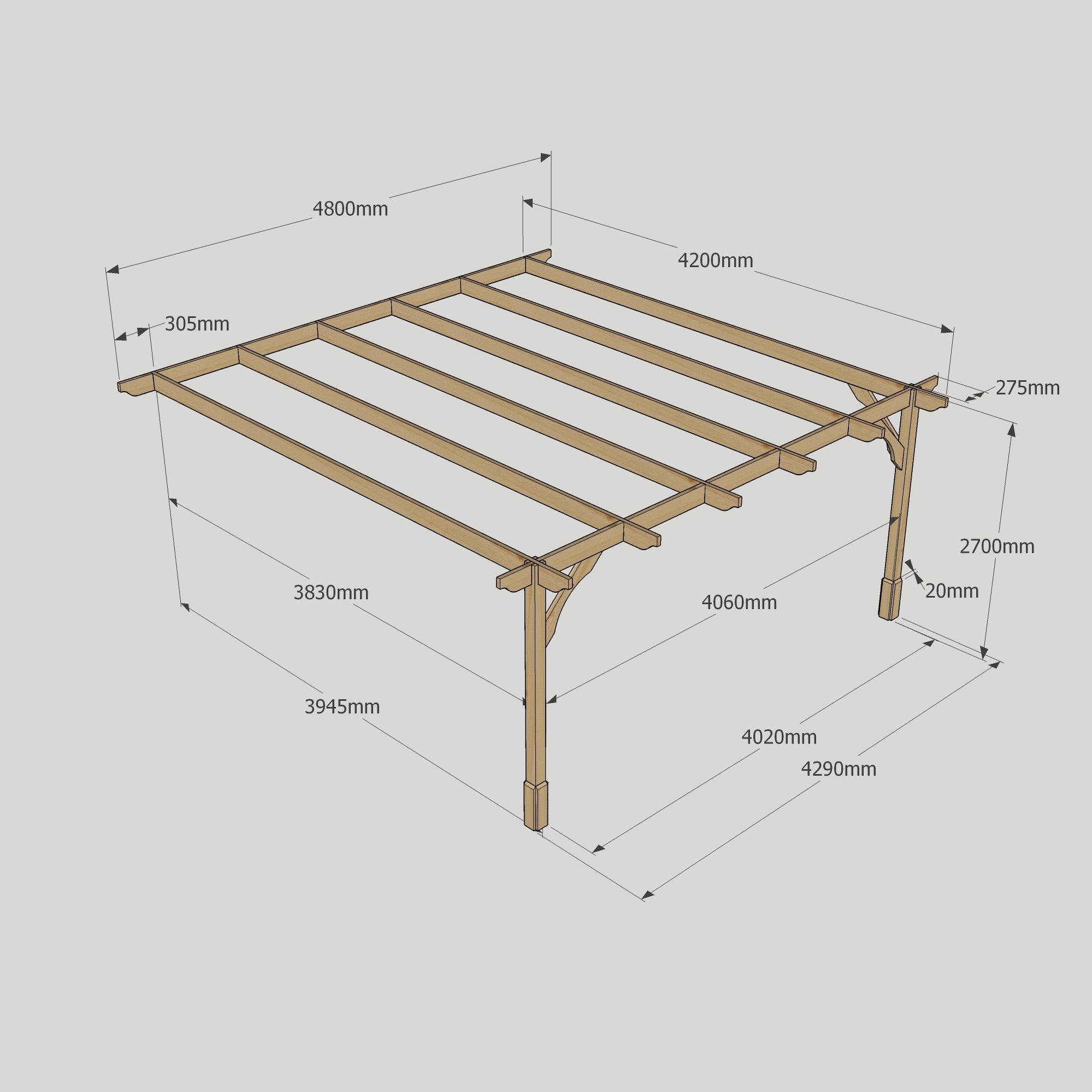 Wall Mounted Premium Pergola - Rustic Brown - 4.2m Depth x 4.8m Length