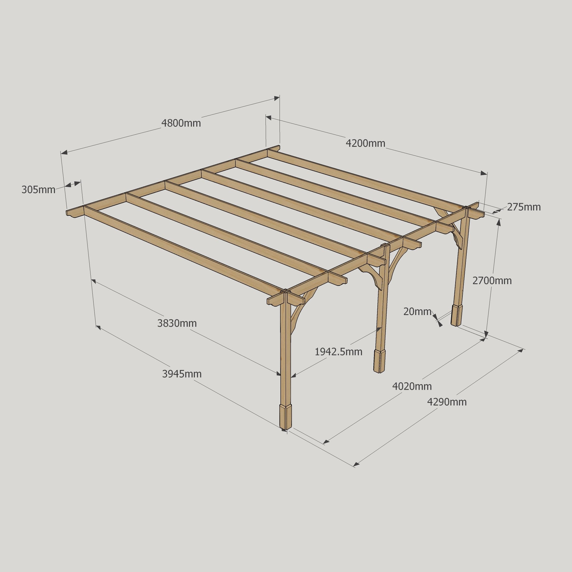 Wall Mounted Premium Pergola - Rustic Brown - 4.2m Depth x 4.8m Length