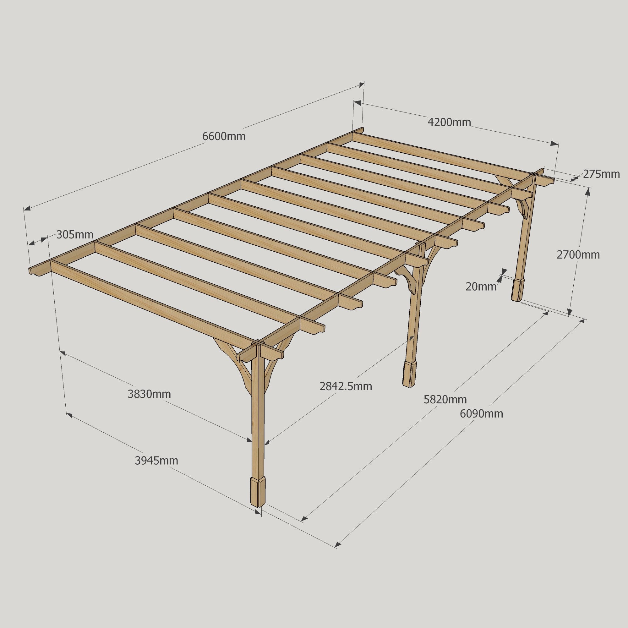 Wall Mounted Premium Pergola - Rustic Brown - 4.2m Depth x 6.6m Length