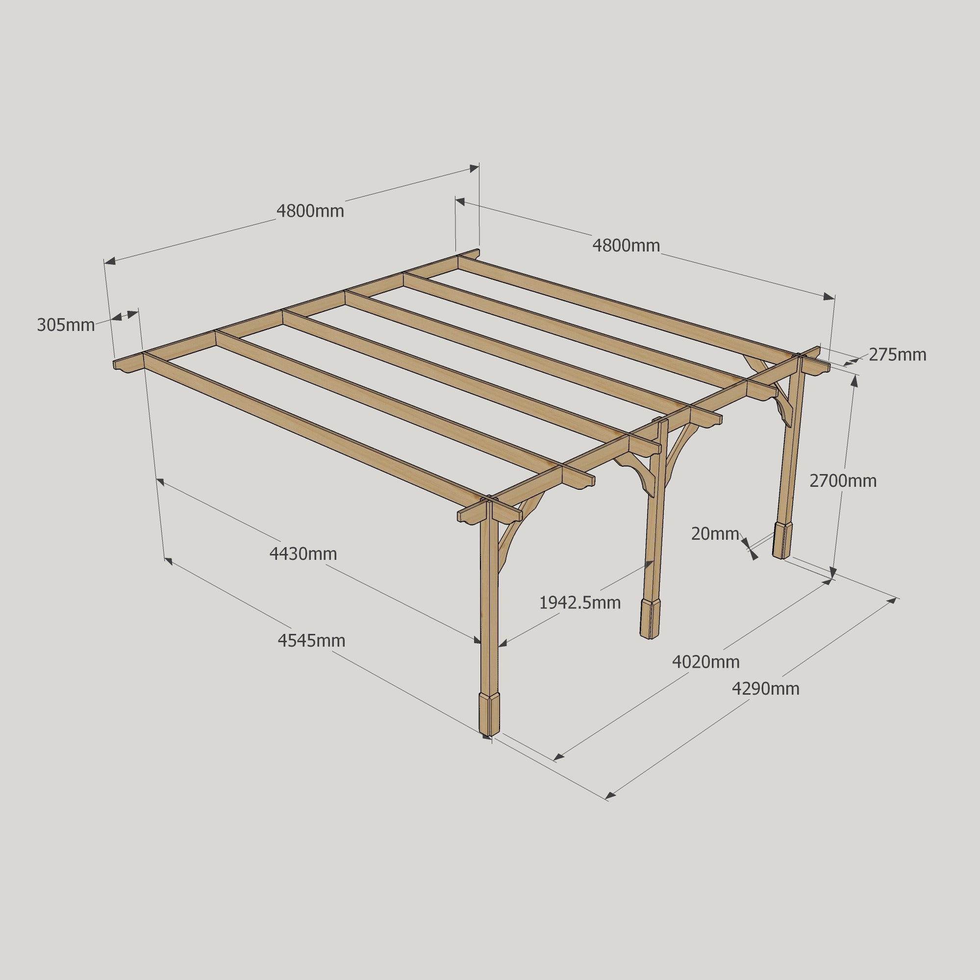 Wall Mounted Premium Pergola - Light Green - 4.8m Depth x 4.8m Length - Clearance Grade