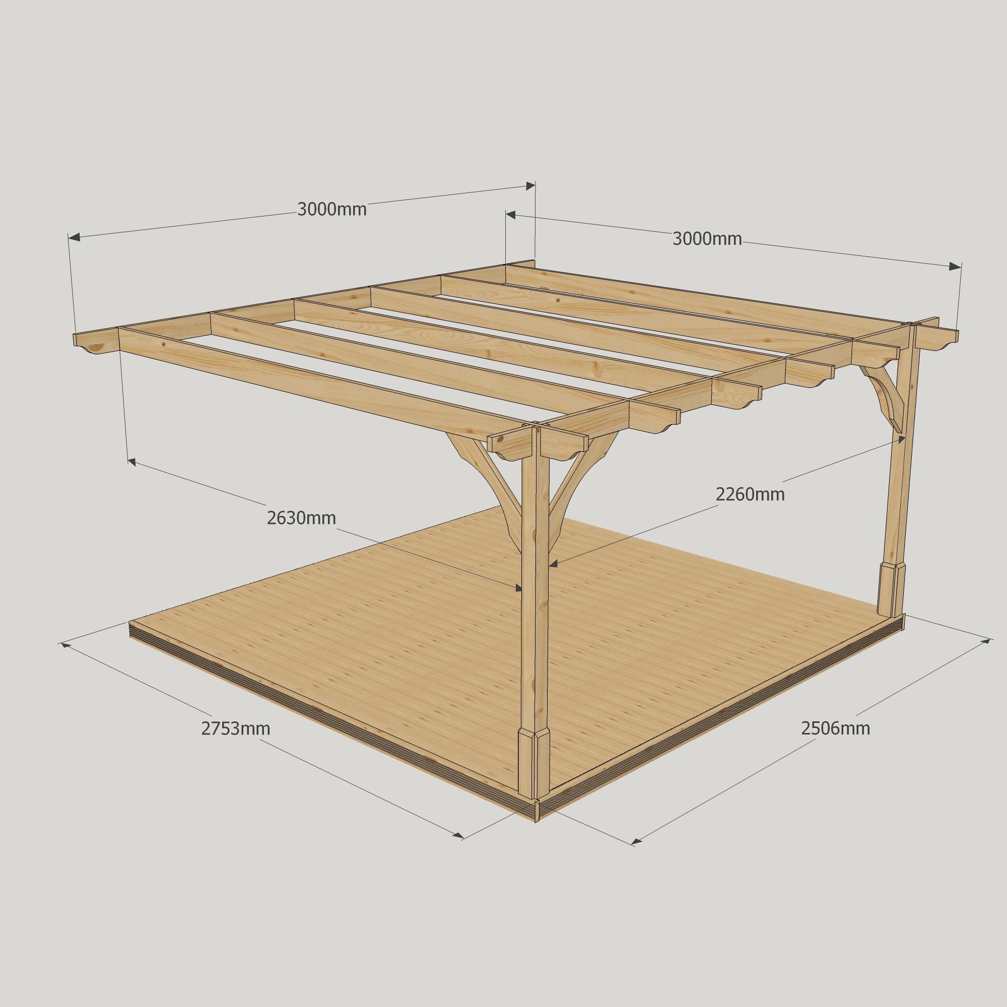 Wall Mounted Premium Pergola with Decking - Light Green - 3m Depth x 3m Length