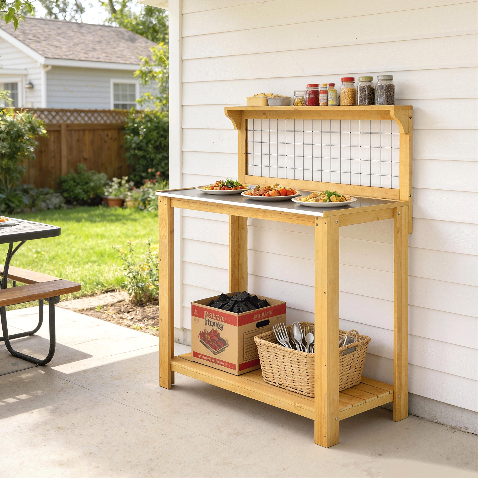Outsunny Outdoor Wooden Workbench Potting Bench - Aluminium Worktop