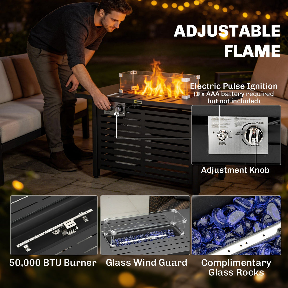 Propane Gas Fire Pit Table, Outdoor Firepit with 43" Steel Tabletop and Lid, 50,000 BTU Pulse Ignition Fire Table w/ Stainless Steel Burner, Glass Wind Guard, and Cover