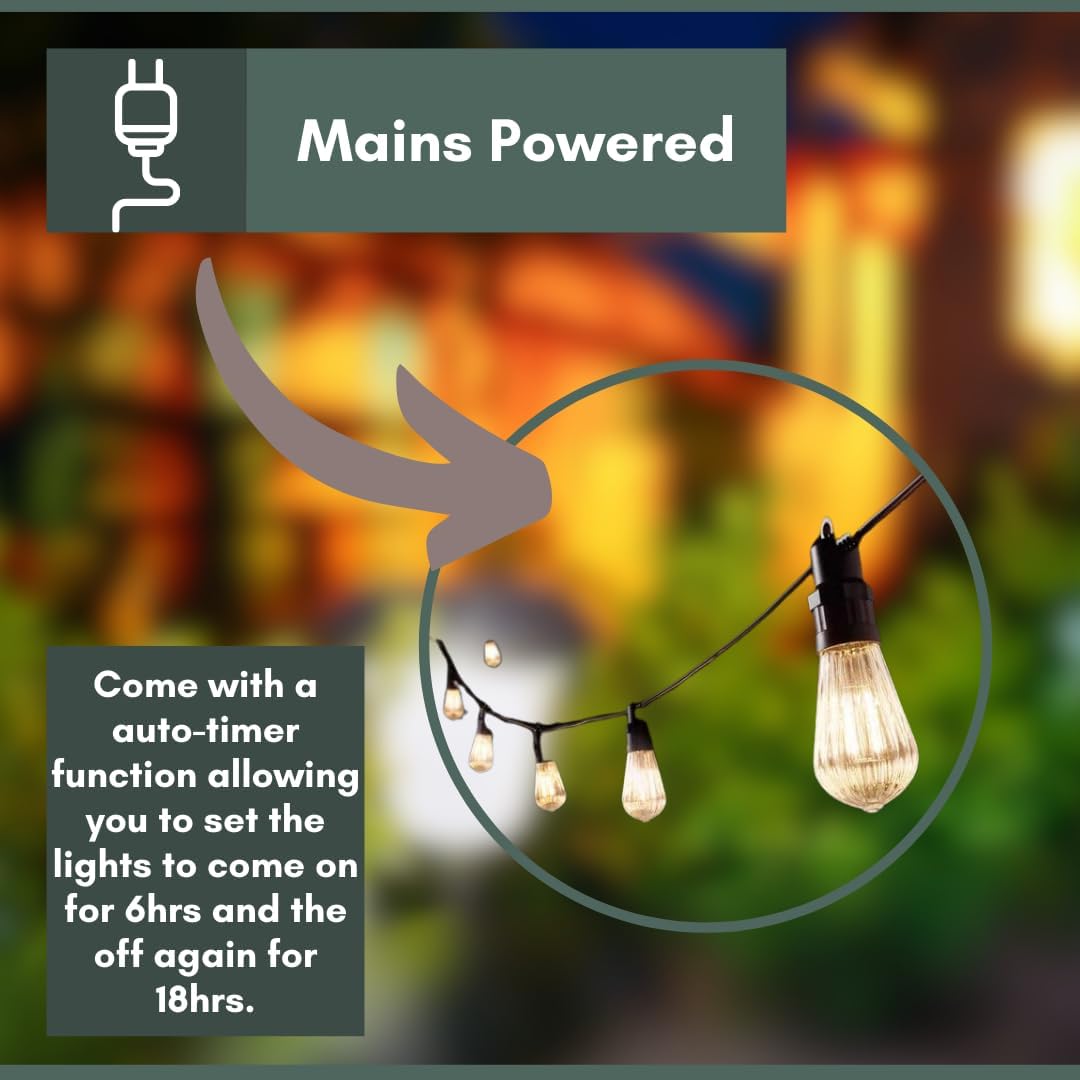 9.5m Mains Powered LED Festoon String Lights Warm White