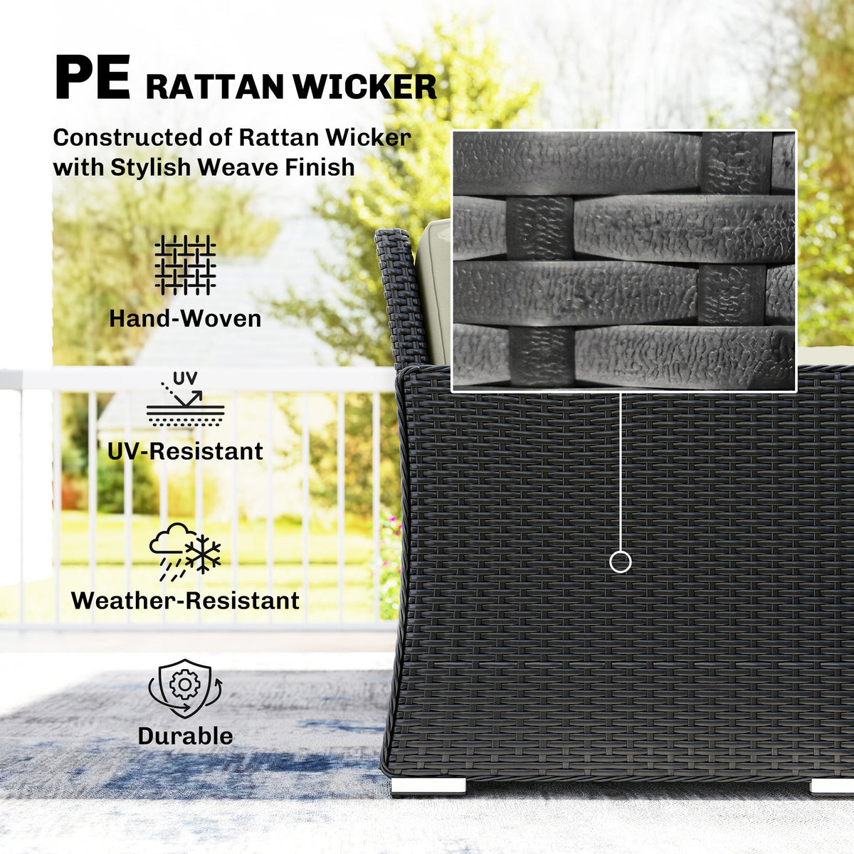 7 Pieces PE Rattan Garden Furniture Set, 50,000 BTU Gas Fire Pit Table, Double Corner Sofa and 3 Footstools