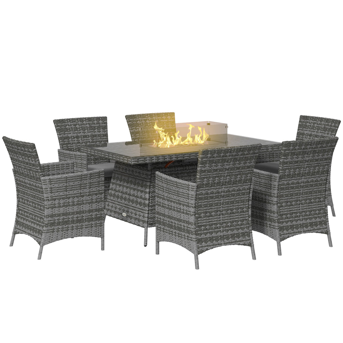 7 Pieces Outdoor Rattan Furniture with Fire Pit Table, 6 Seater Garden Table and Chairs with Cushions, with Propane Heater Table, Windscreen, 50,000 BTU, Grey