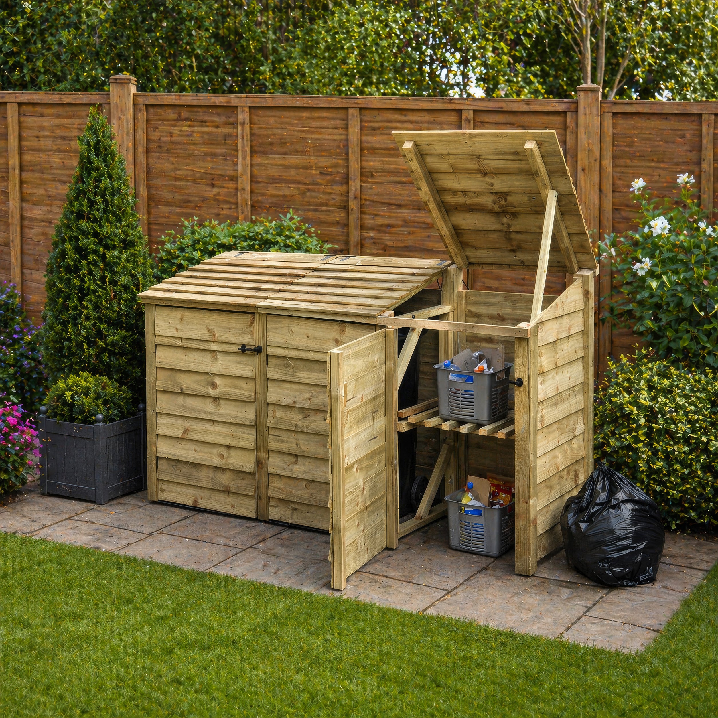 Morcott Double Wheelie Bin with Recycling Store - Light Green