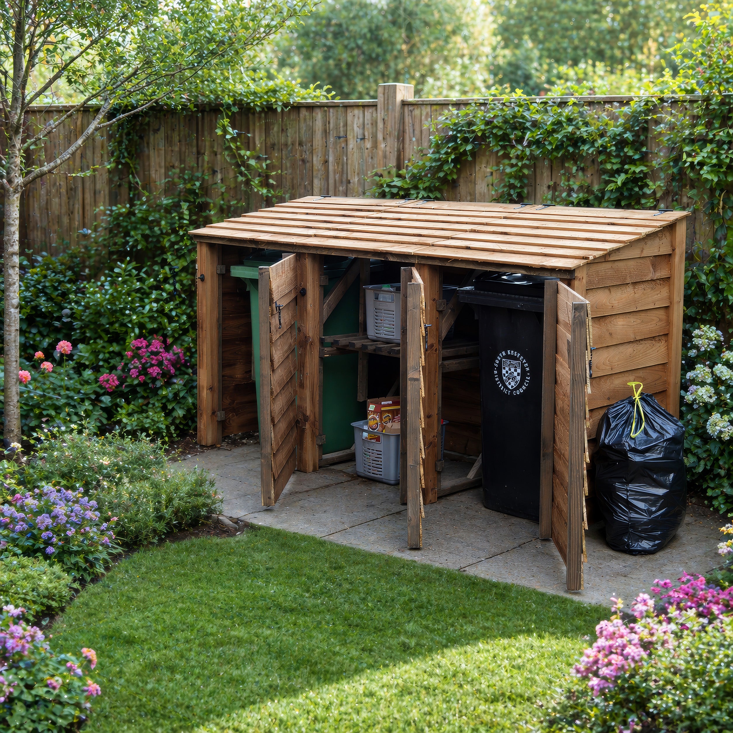 Morcott Double Wheelie Bin with Recycling Store - Rustic Brown