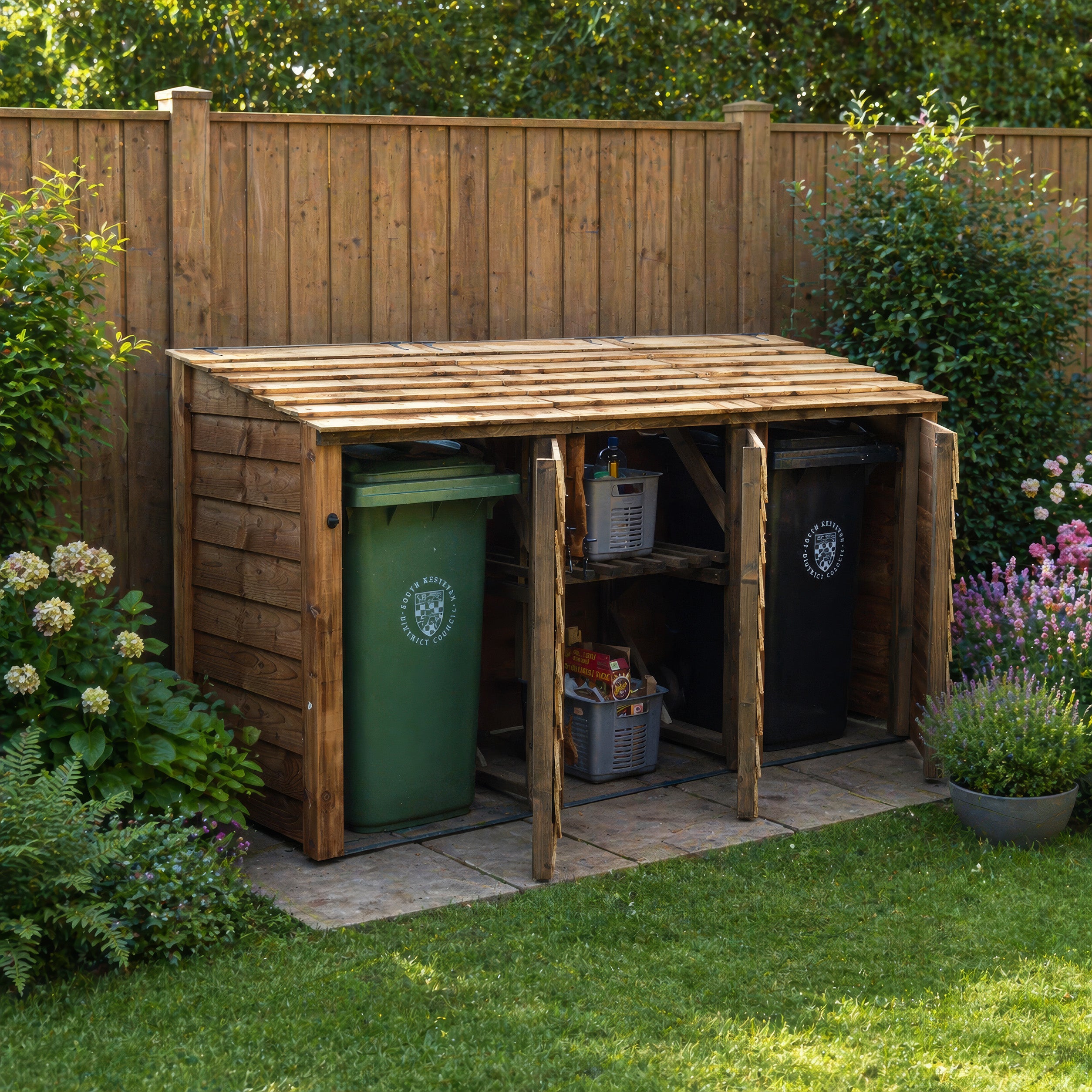 Morcott Double Wheelie Bin with Recycling Store - Rustic Brown