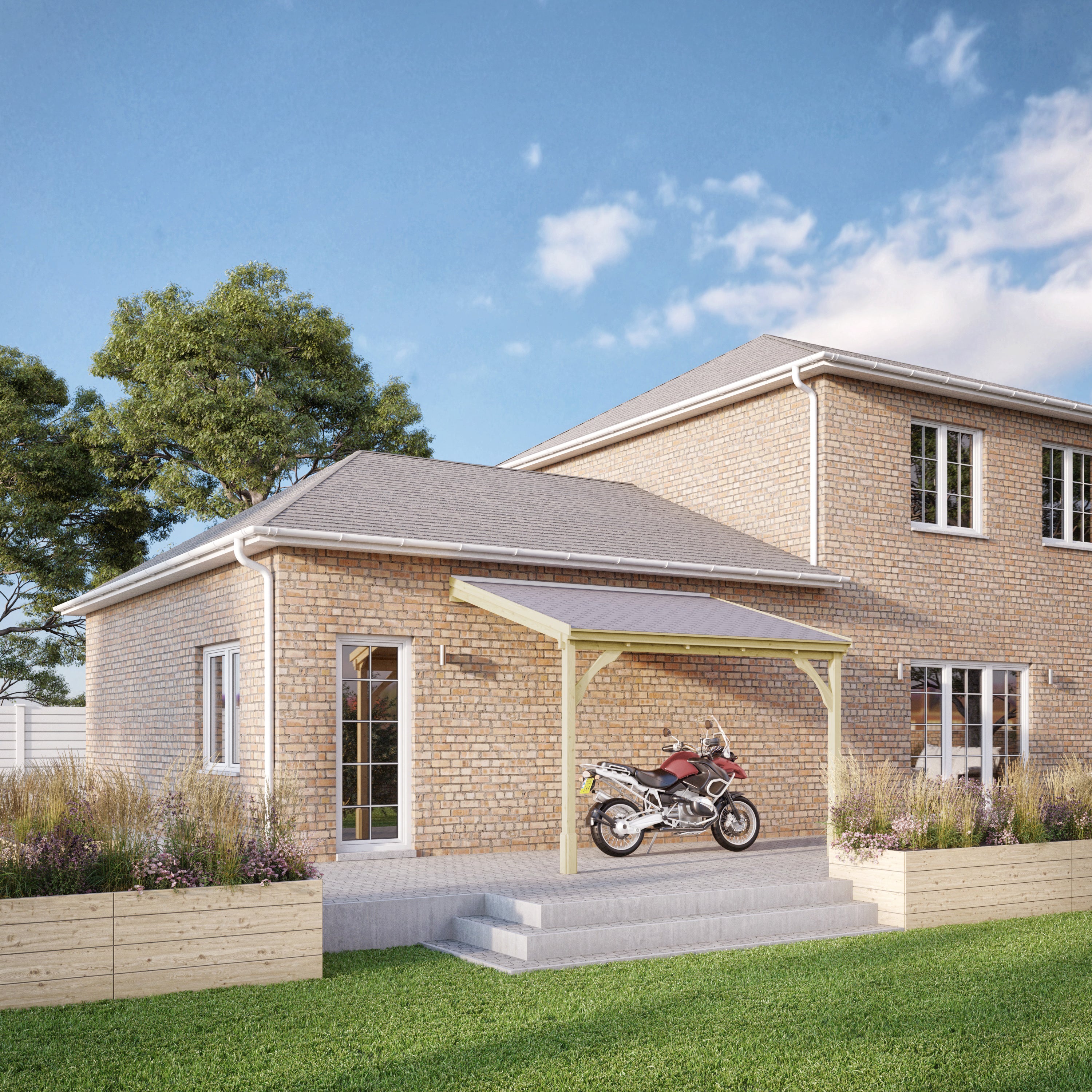 Wall Mounted Felt Shingle Roof Carport - Light Green - 2m Depth x 2.9m Width