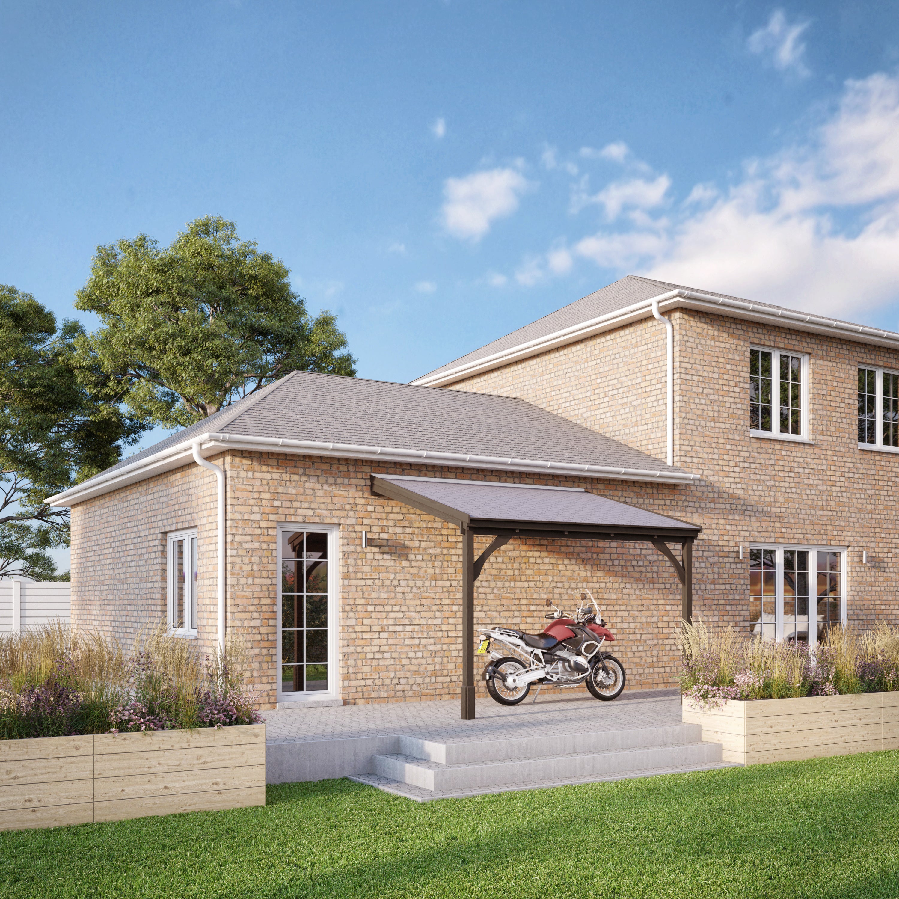 Wall Mounted Felt Shingle Roof Carport - Rustic Brown - 2.5m Depth x 2.9m Width