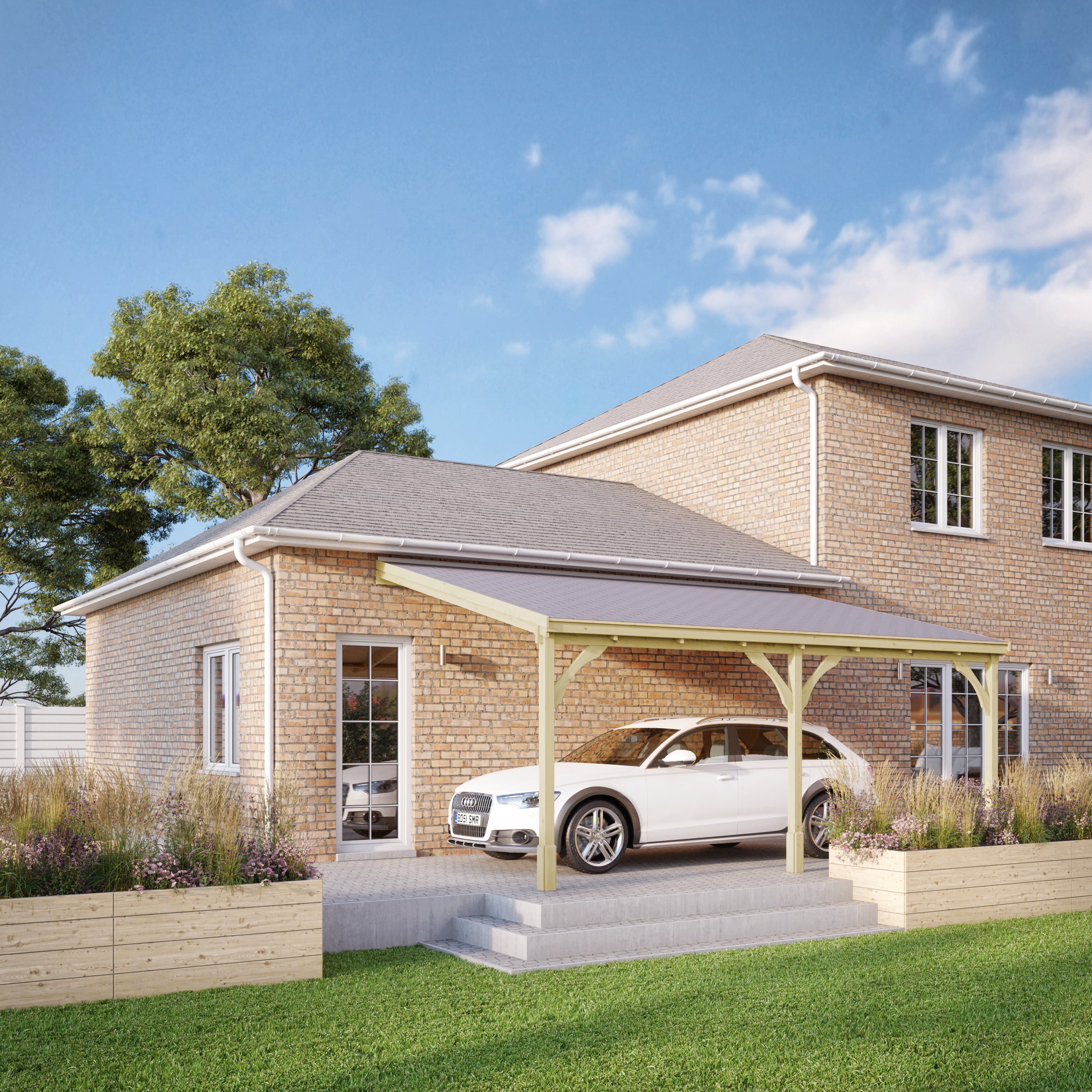 Wall Mounted Felt Shingle Roof Carport - Light Green - 2m Depth x 4.34m Width