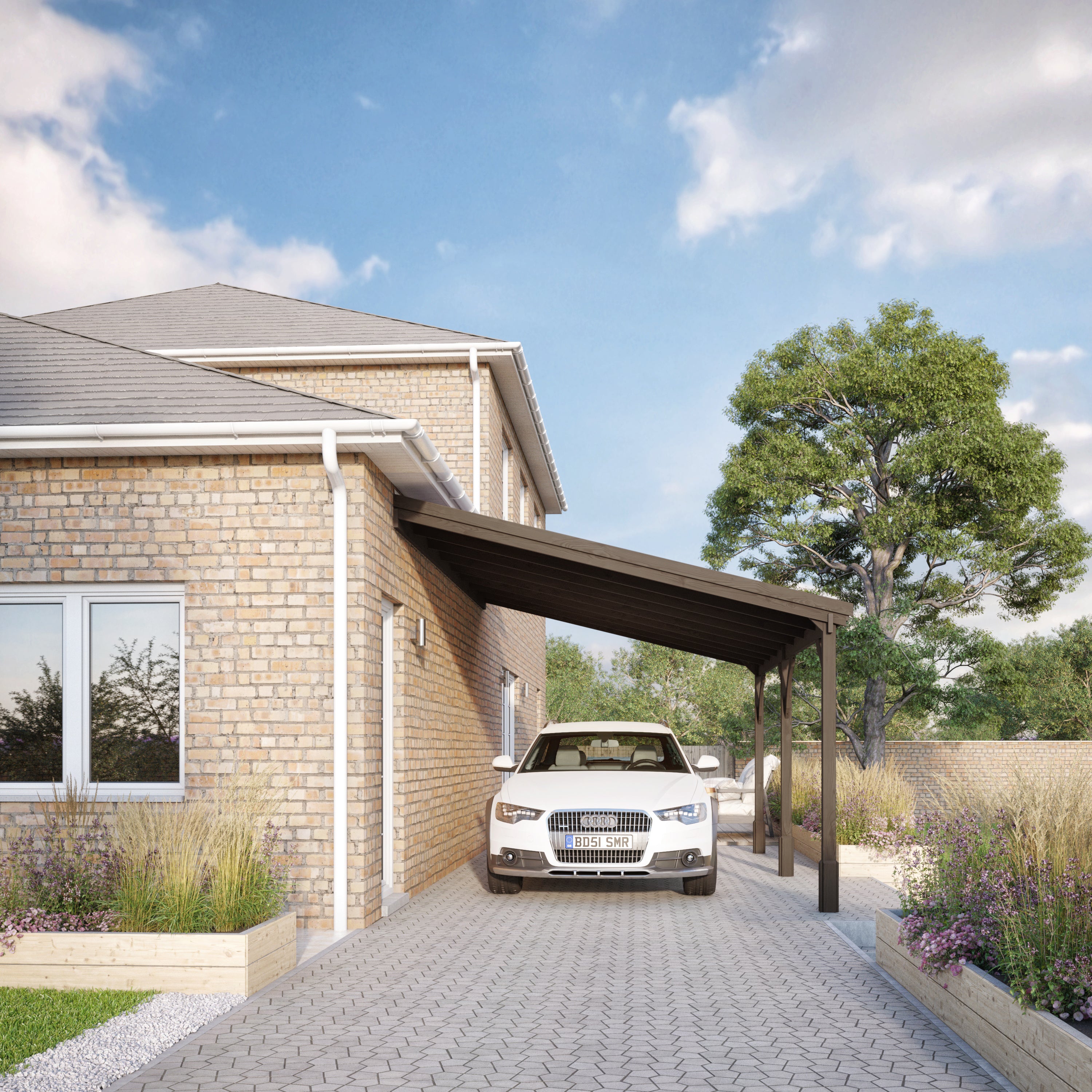 Wall Mounted Felt Shingle Roof Carport - Rustic Brown - 2.5m Depth x 6.5m Width