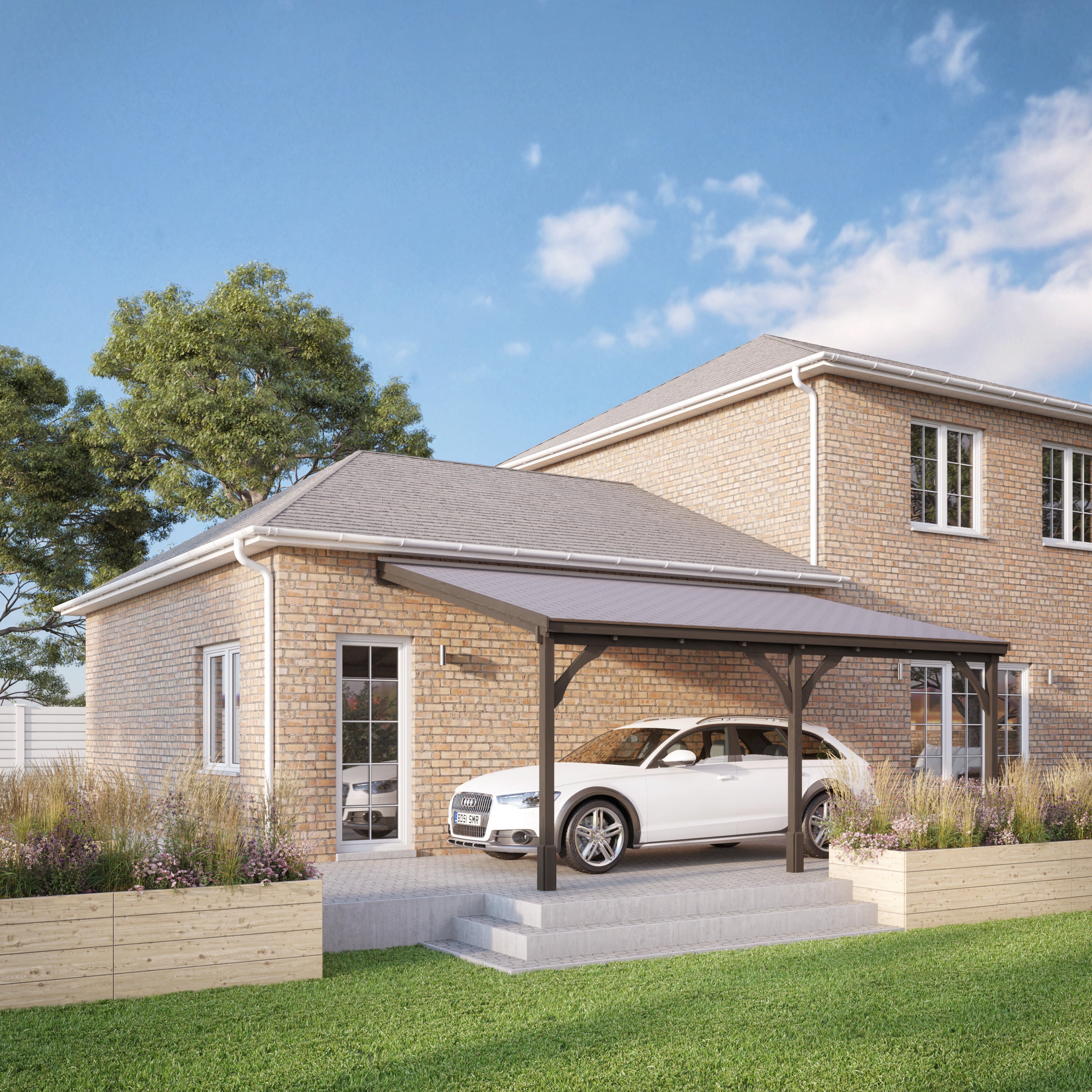 Wall Mounted Felt Shingle Roof Carport - Rustic Brown - 2.5m Depth x 6.5m Width