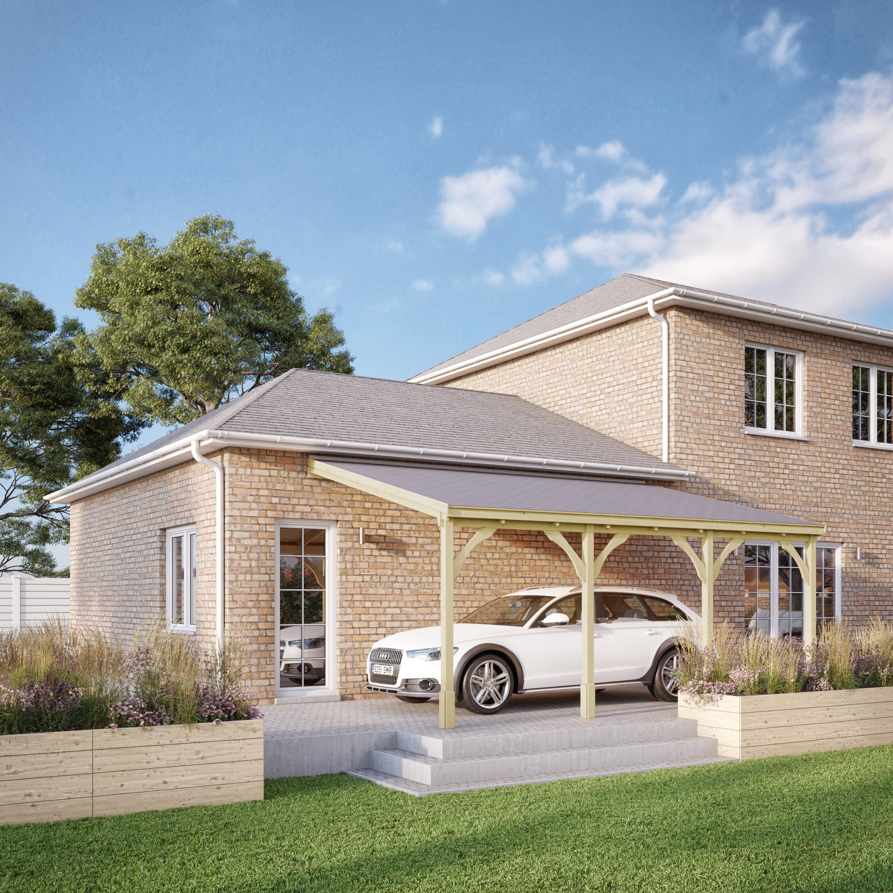 Wall Mounted Felt Shingle Roof Carport - Light Green - 2m Depth x 6.5m Width