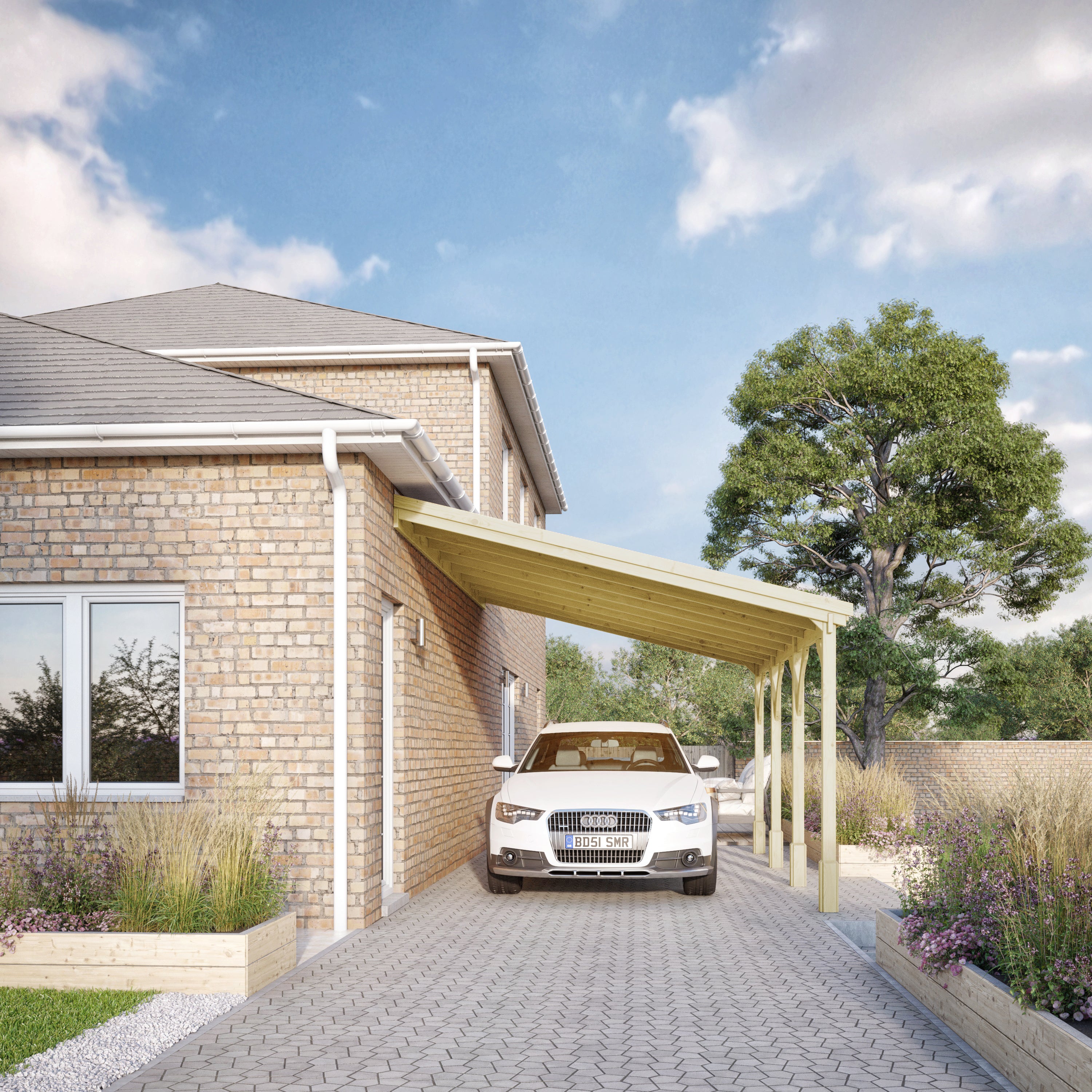 Wall Mounted Felt Shingle Roof Carport - Light Green - 3m Depth x 7.22m Width