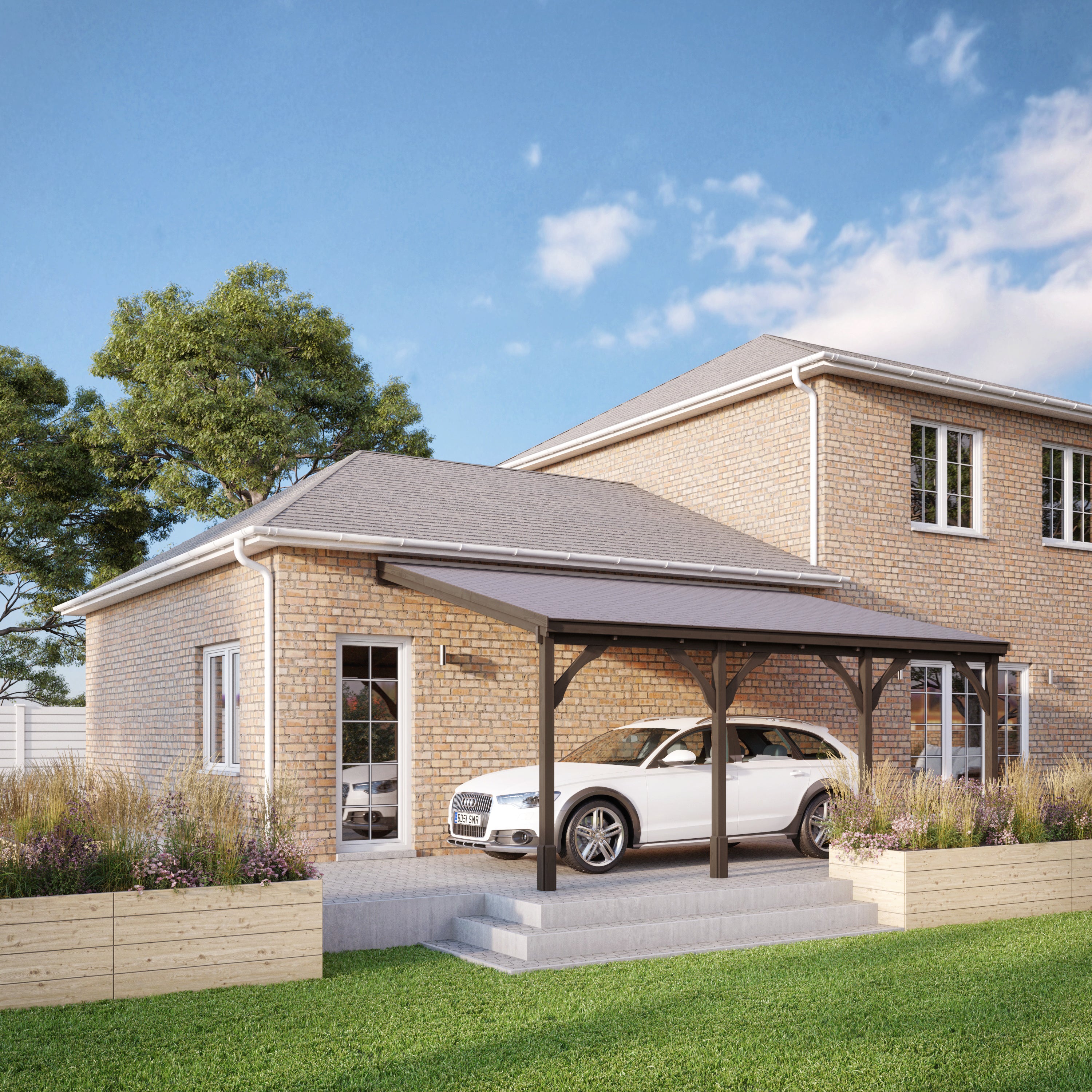 Wall Mounted Felt Shingle Roof Carport - Rustic Brown - 2.5m Depth x 6.5m Width