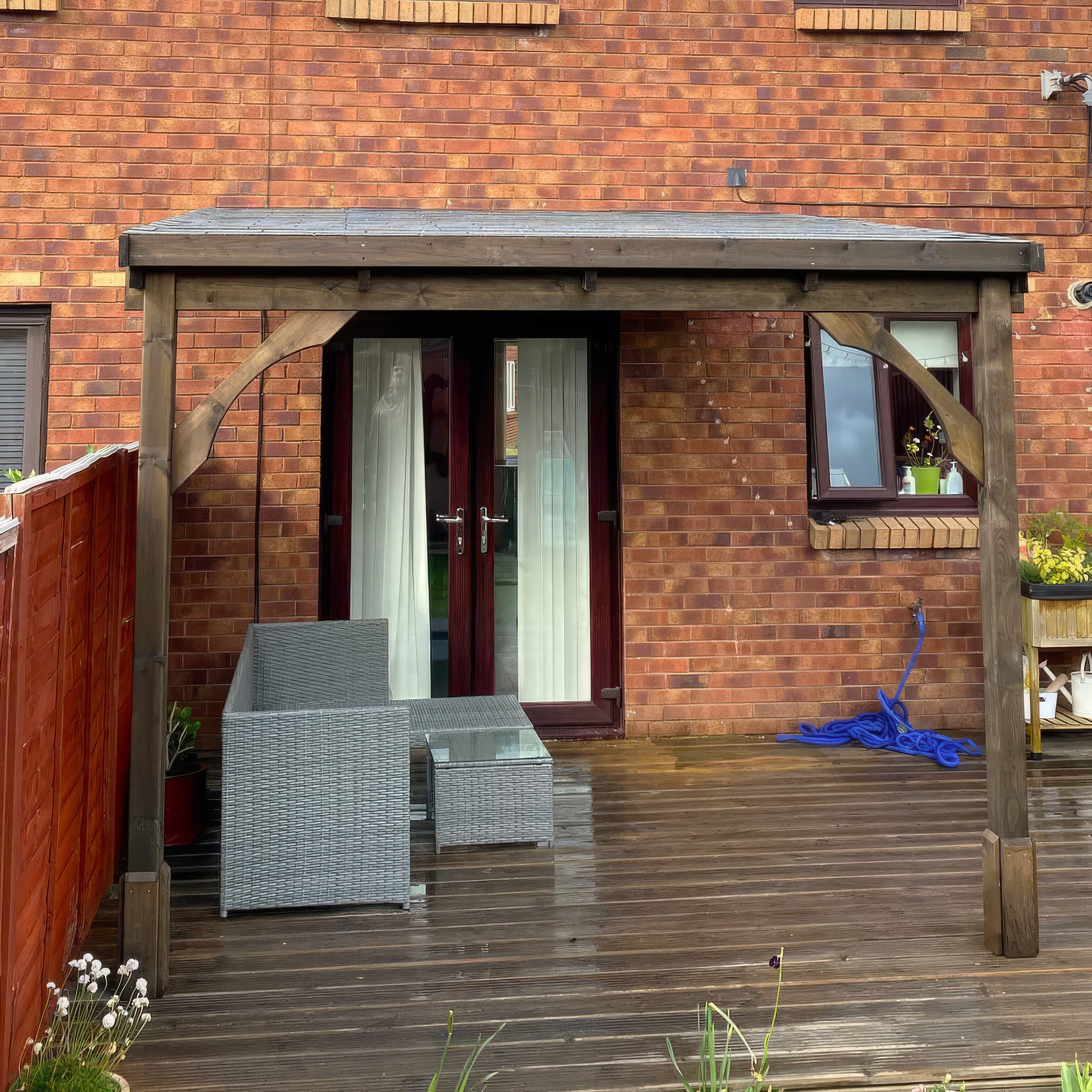 Wall Mounted Felt Shingle Roof Gazebo - Rustic Brown - 3m Depth x 2.9m Width