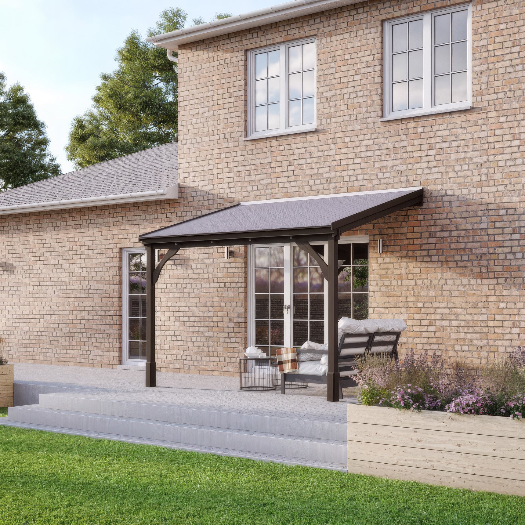 Wall Mounted Felt Shingle Roof Gazebo - Rustic Brown - 2m Depth x 2.9m Width