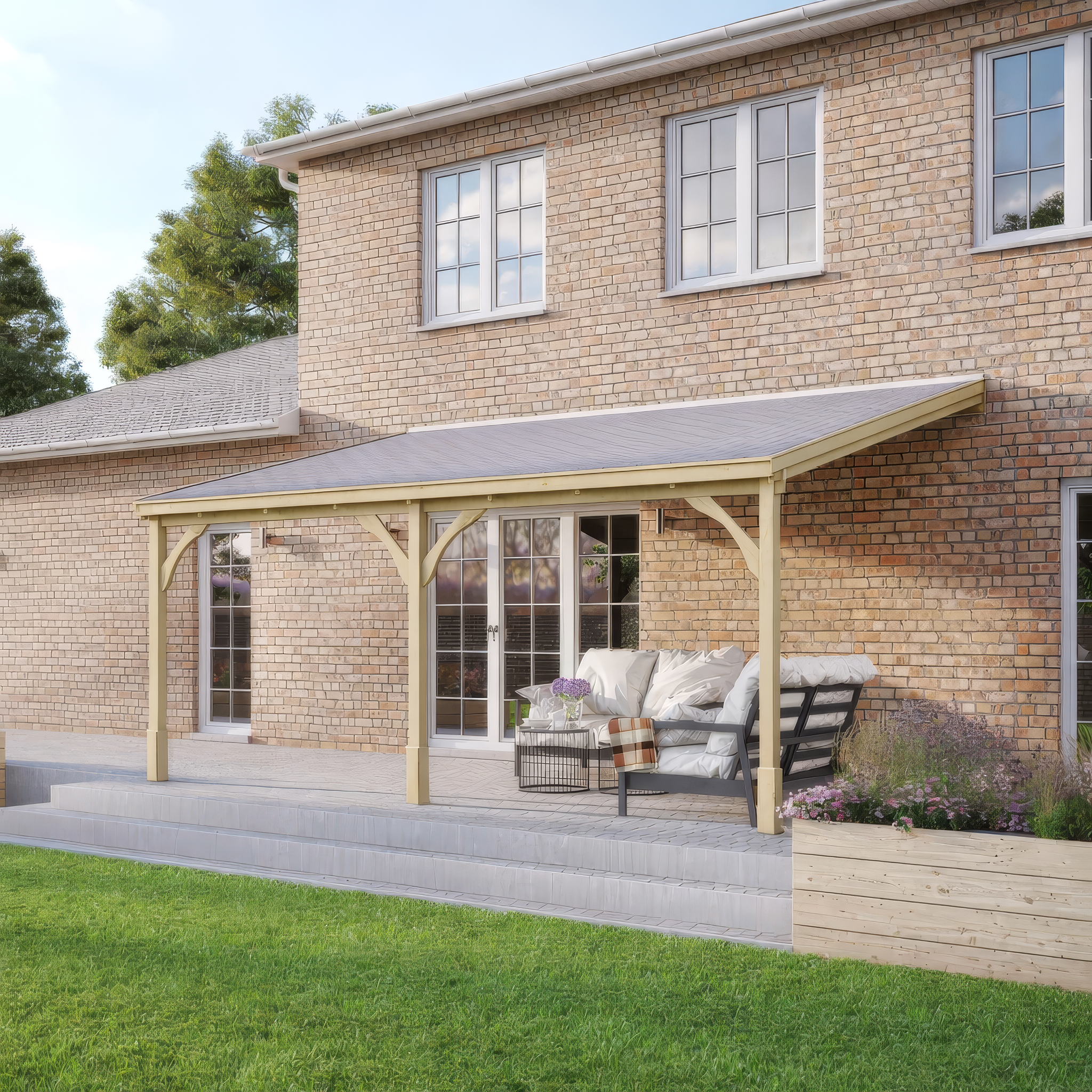 Wall Mounted Felt Shingle Roof Gazebo - Light Green - 2.5m Depth x 5.78m Width