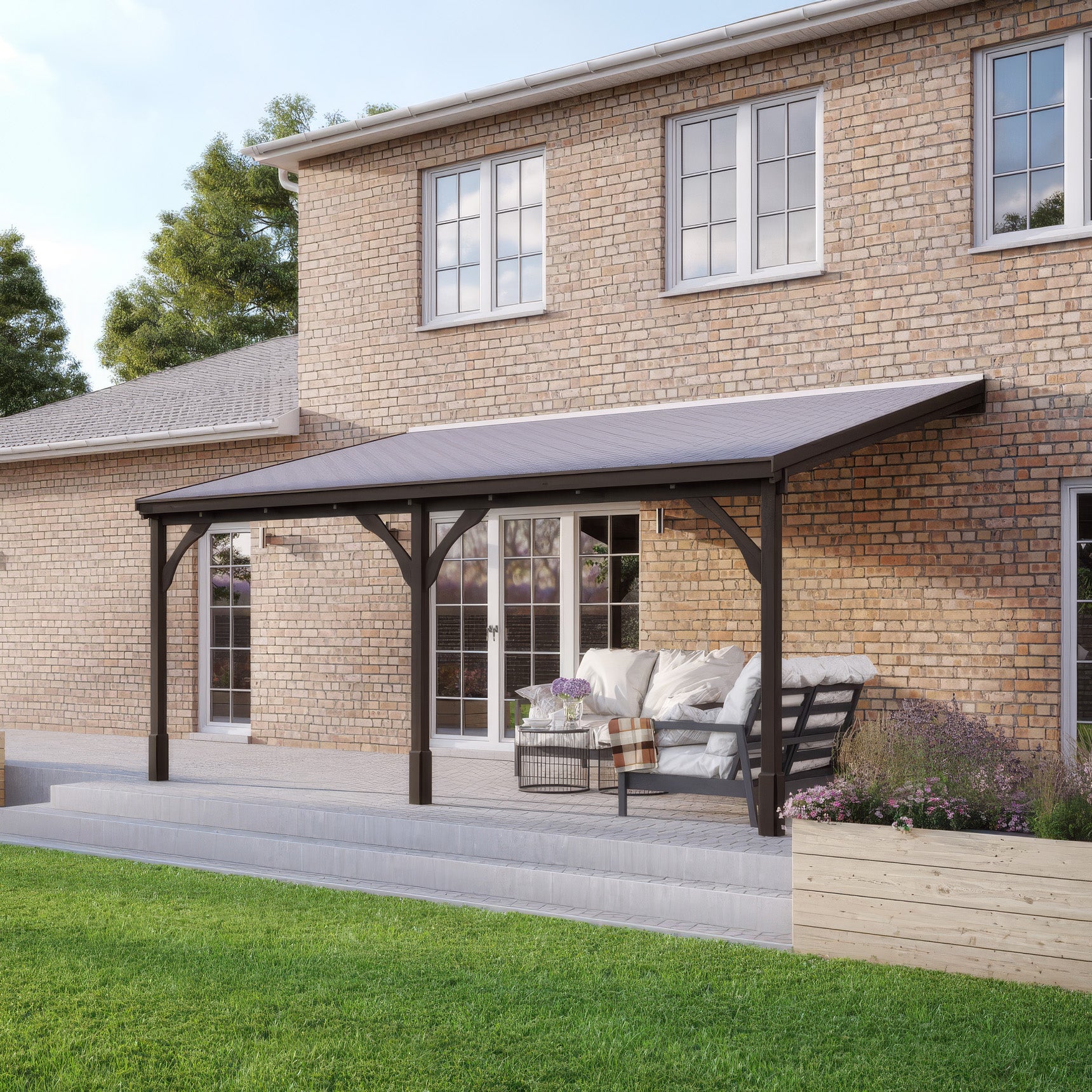 Wall Mounted Felt Shingle Roof Gazebo - Rustic Brown - 2.5m Depth x 5.78m Width