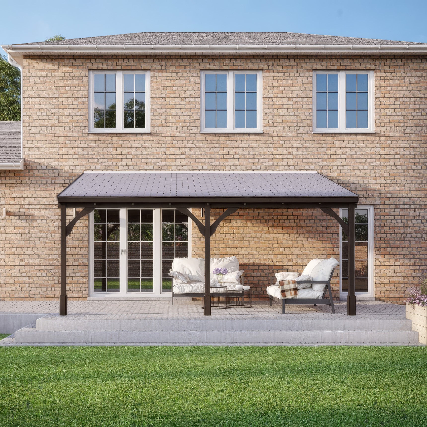 Wall Mounted Felt Shingle Roof Gazebo - Rustic Brown - 2m Depth x 4.34m Width