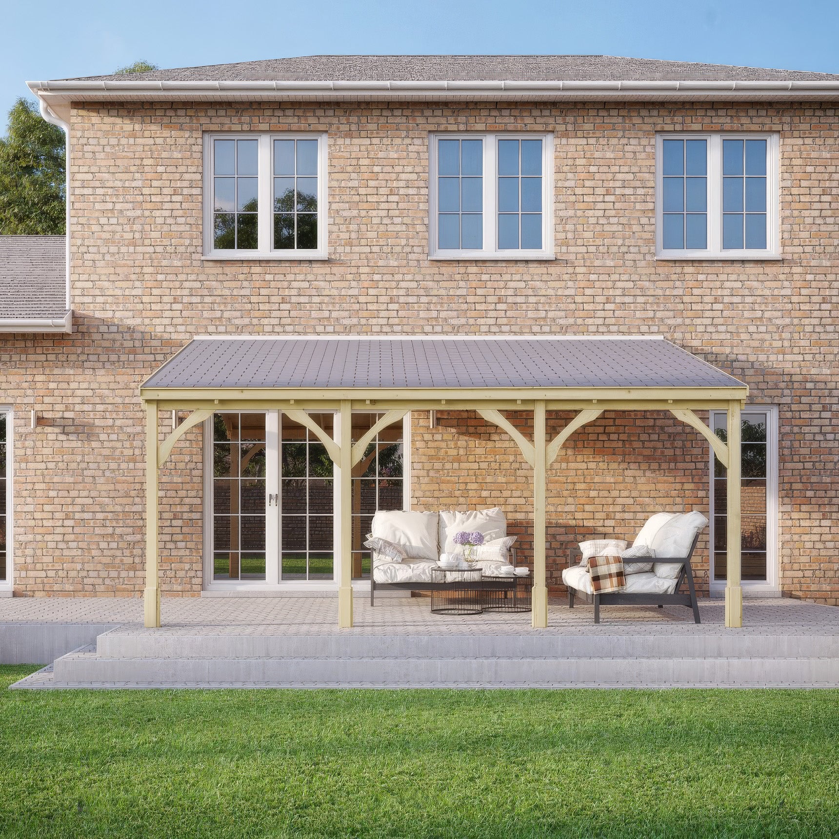 Wall Mounted Felt Shingle Roof Gazebo - Light Green - 2.5m Depth x 6.5m Width