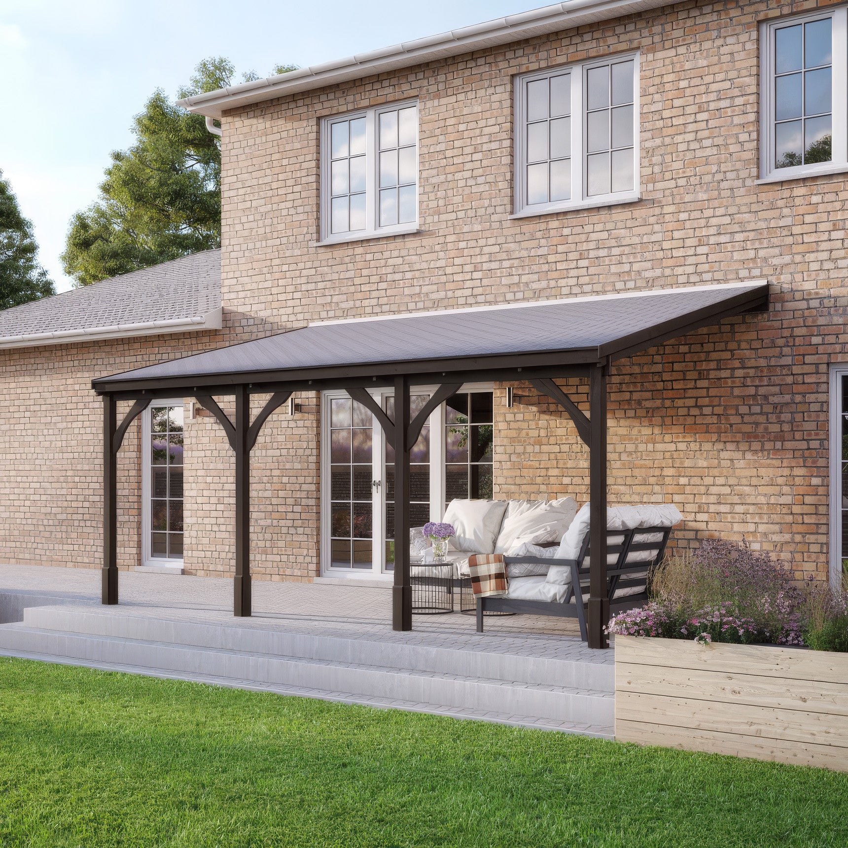 Wall Mounted Felt Shingle Roof Gazebo - Rustic Brown - 2m Depth x 7.22m Width