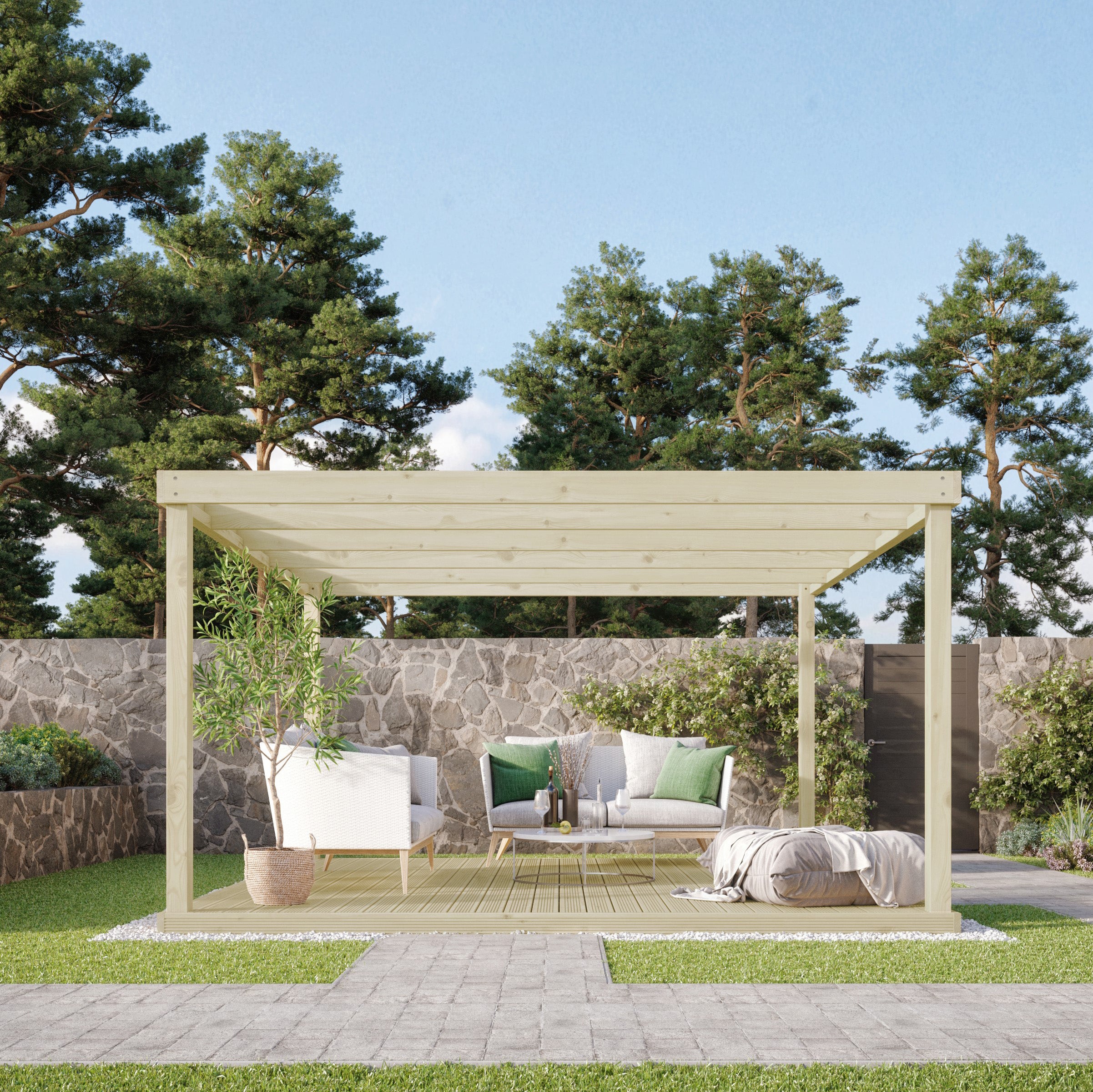 Freestanding Box Pergola with Decking - Light Green - 4.2m Width x 4.2m Length