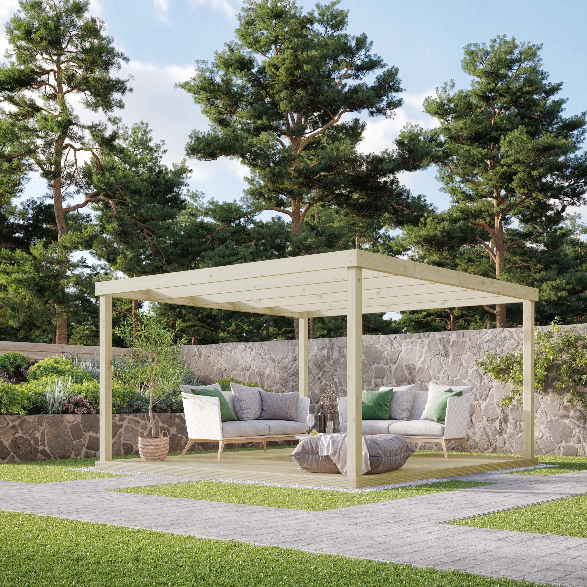 Freestanding Box Pergola with Decking - Light Green - 4.2m Width x 4.2m Length