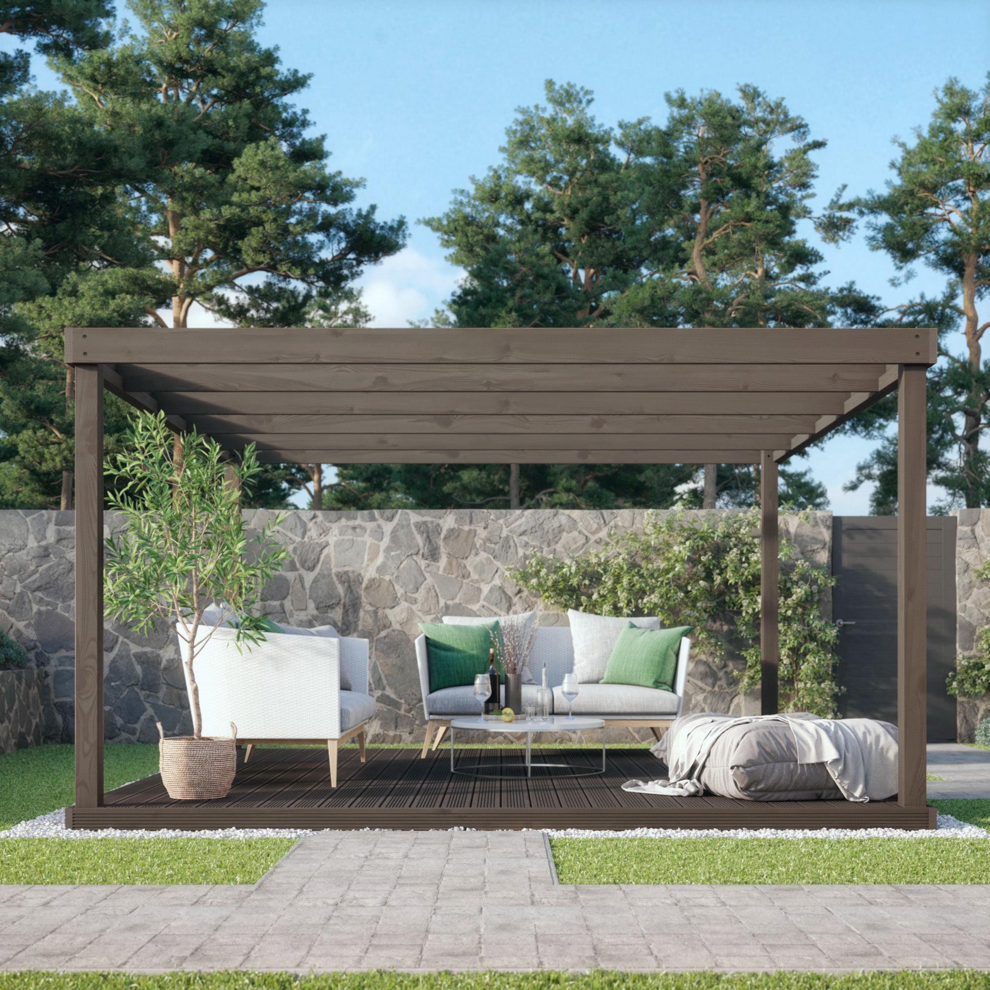 Freestanding Box Pergola with Decking - Rustic Brown - 3.6m Width x 3.6m Length