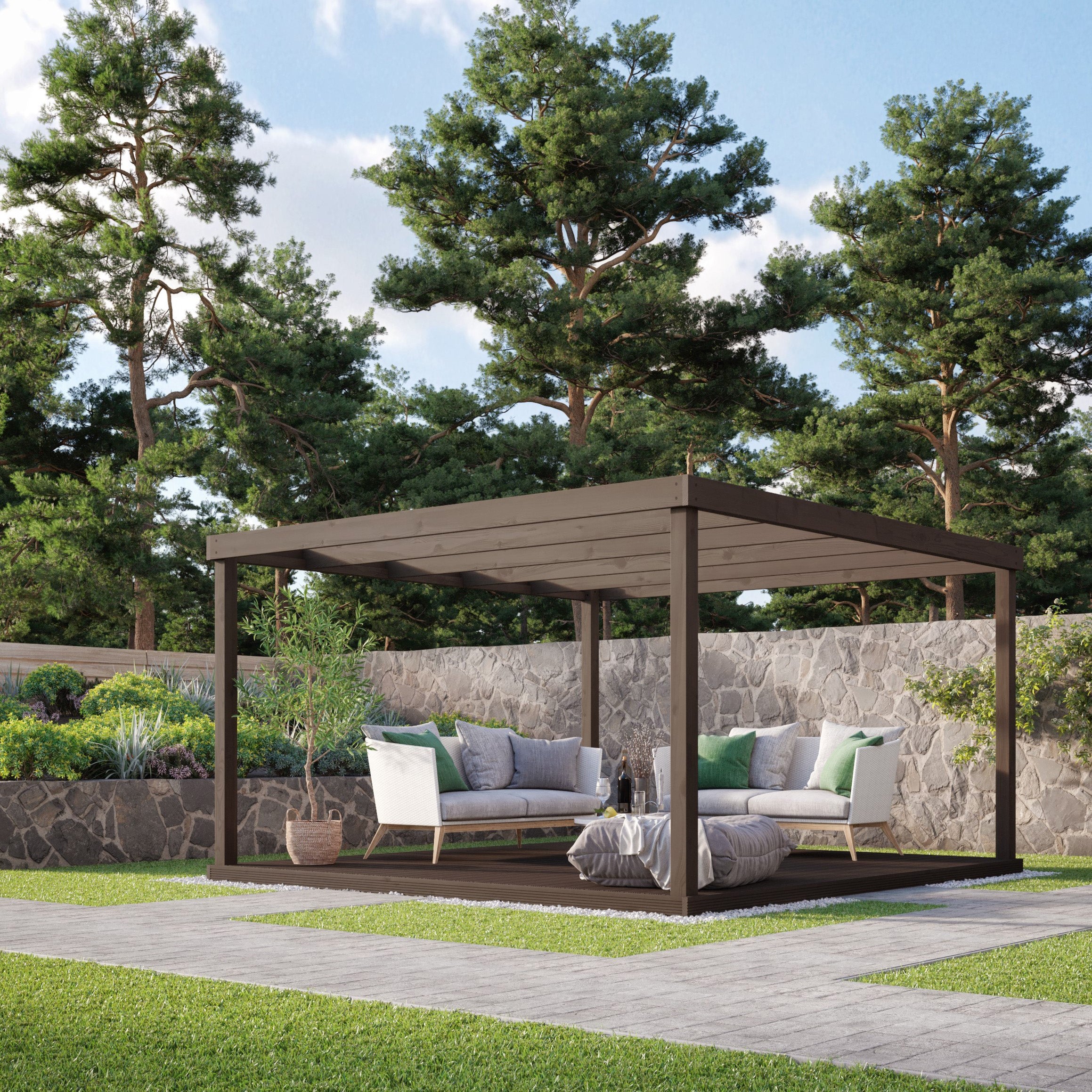 Freestanding Box Pergola with Decking - Rustic Brown - 3.6m Width x 3.6m Length