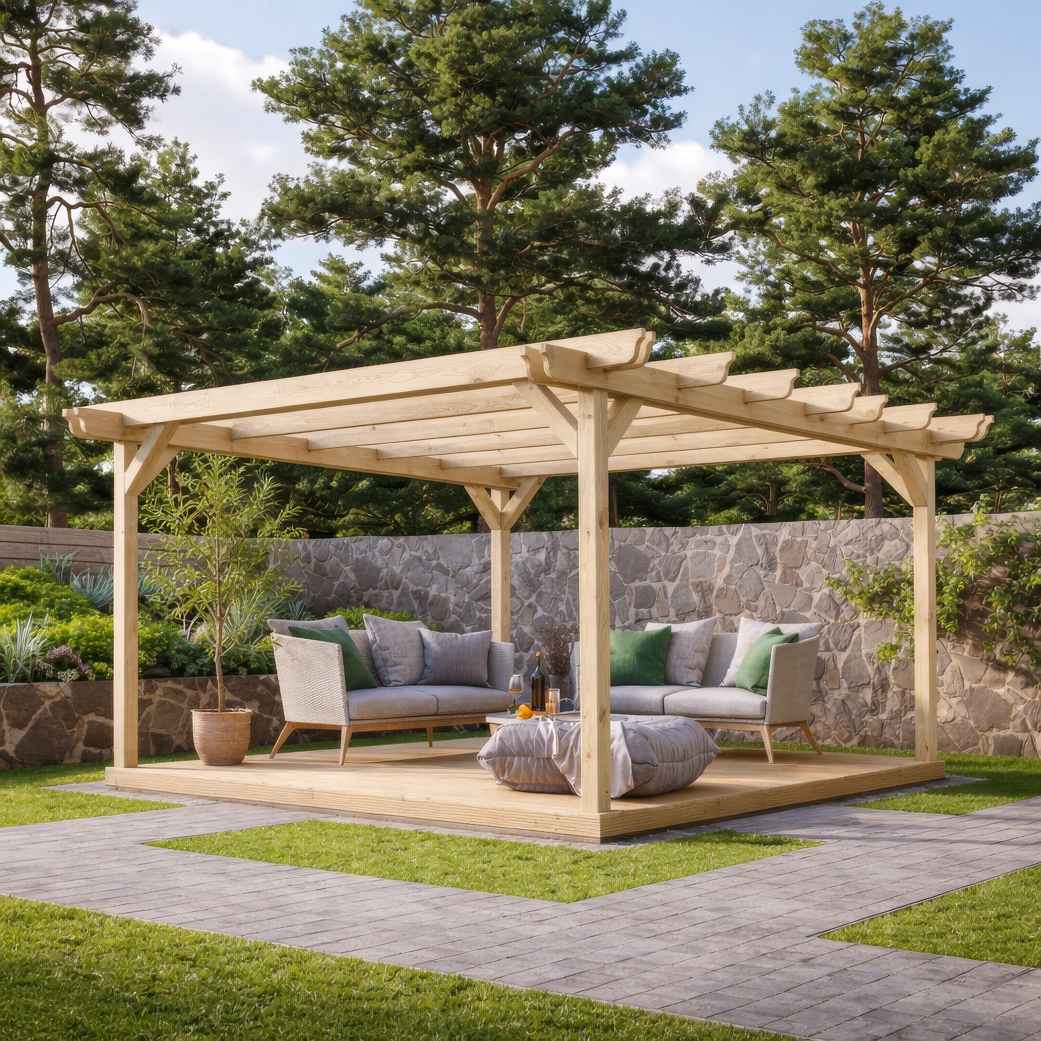 Freestanding Double Garden Pergola with Decking - Light Green - 2.4m Width x 2.4m Length