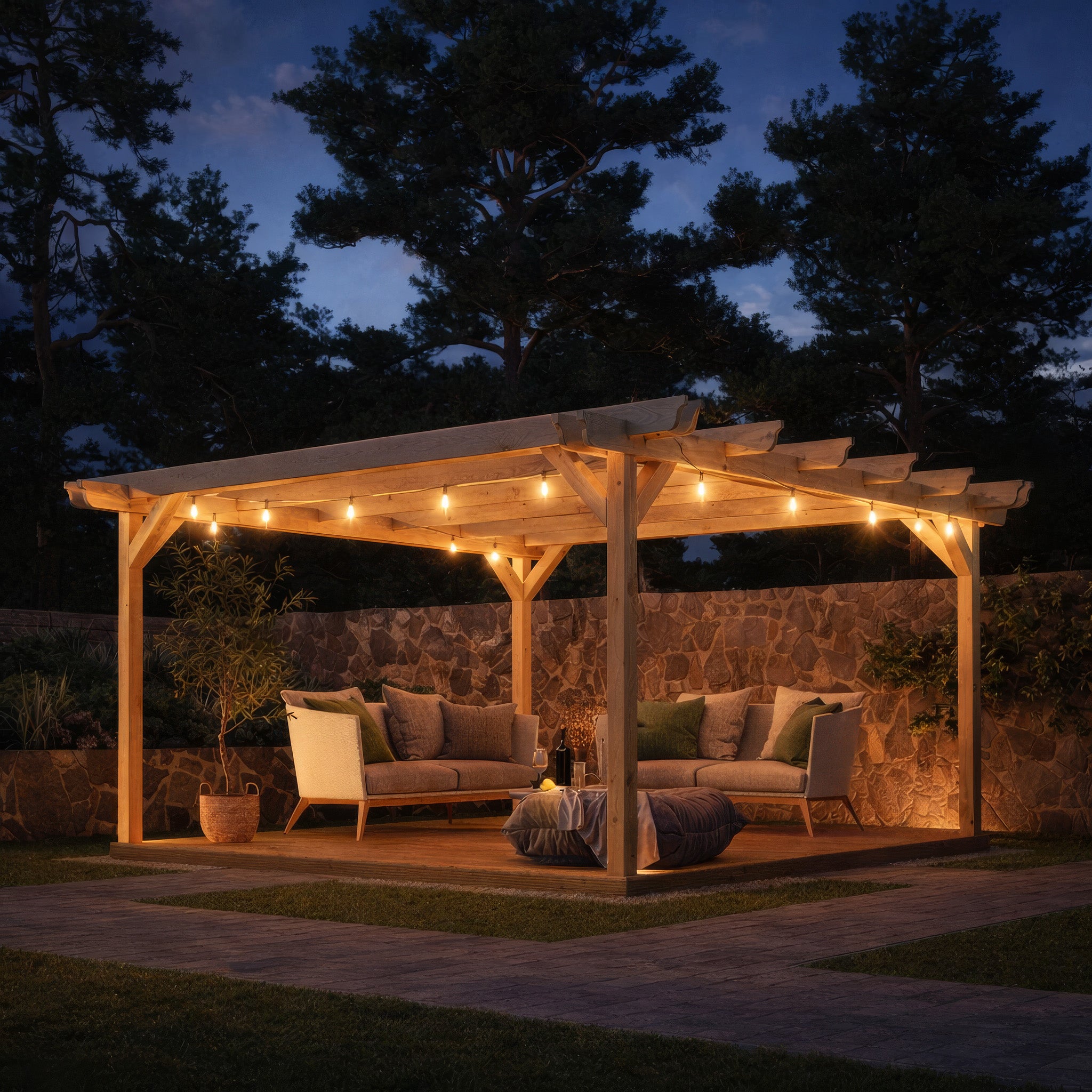 Freestanding Double Garden Pergola with Decking - Light Green - 2.4m Width x 2.4m Length