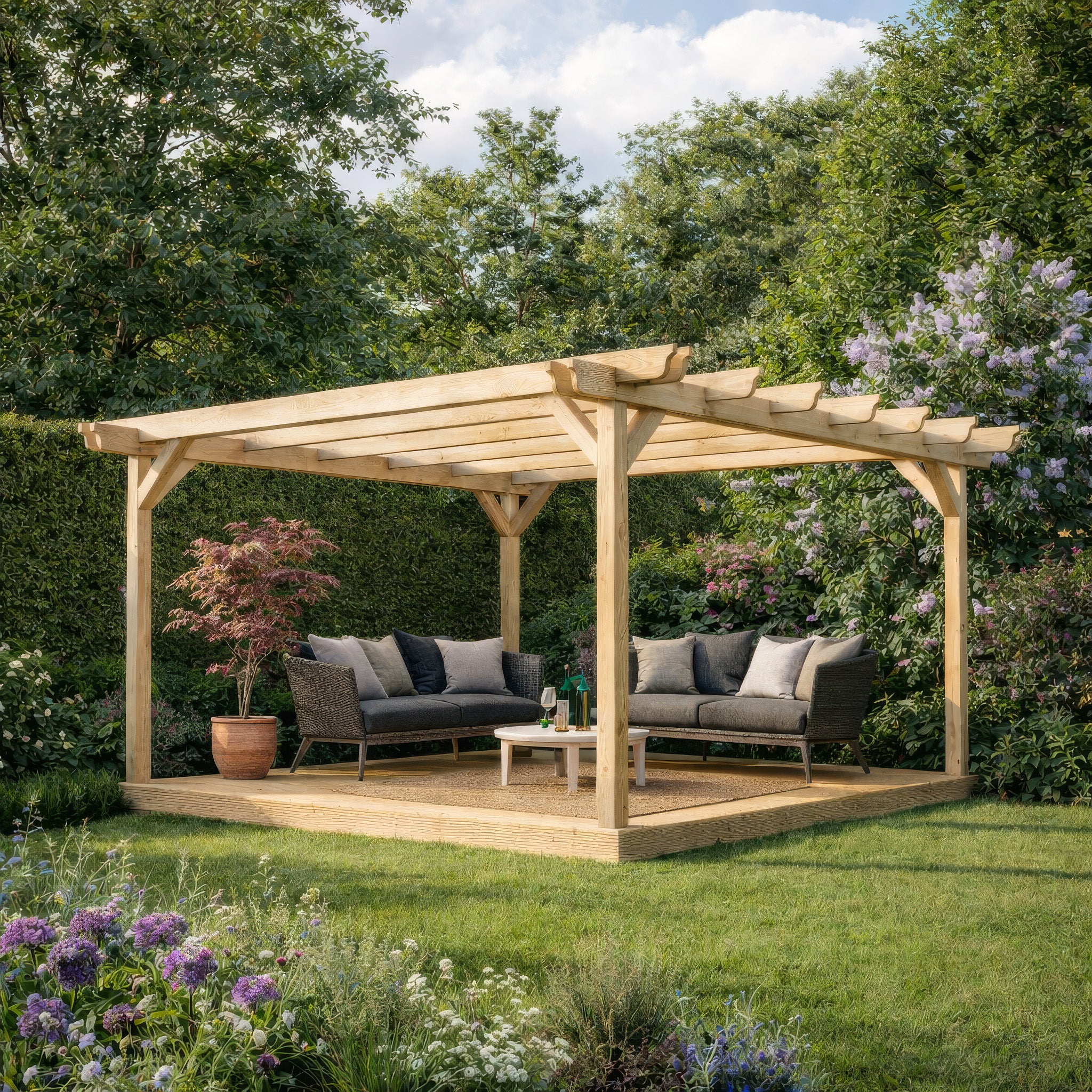 Freestanding Double Garden Pergola with Decking - Light Green - 2.4m Width x 2.4m Length