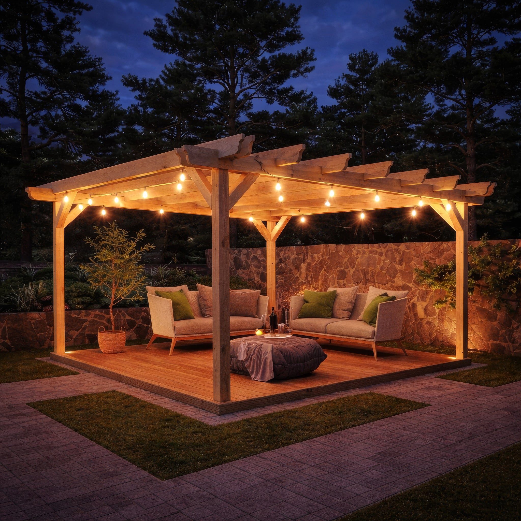 Freestanding Double Garden Pergola with Decking - Light Green - 4.2m Width x 4.2m Length