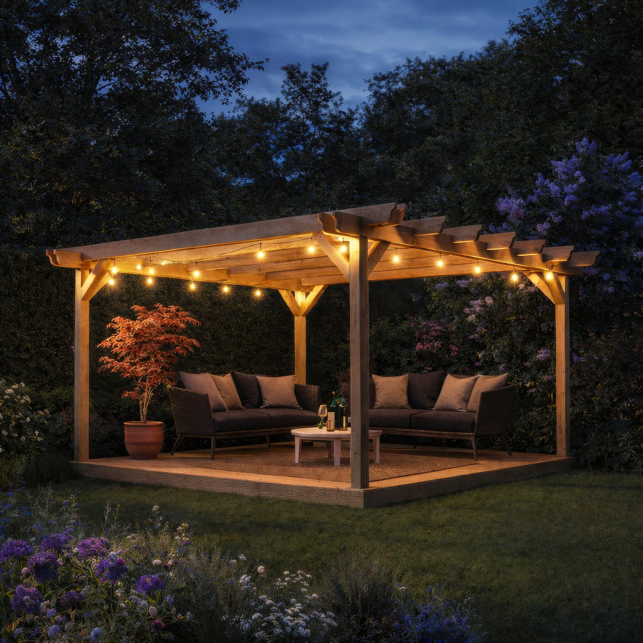 Freestanding Double Garden Pergola with Decking - Light Green - 2.4m Width x 2.4m Length