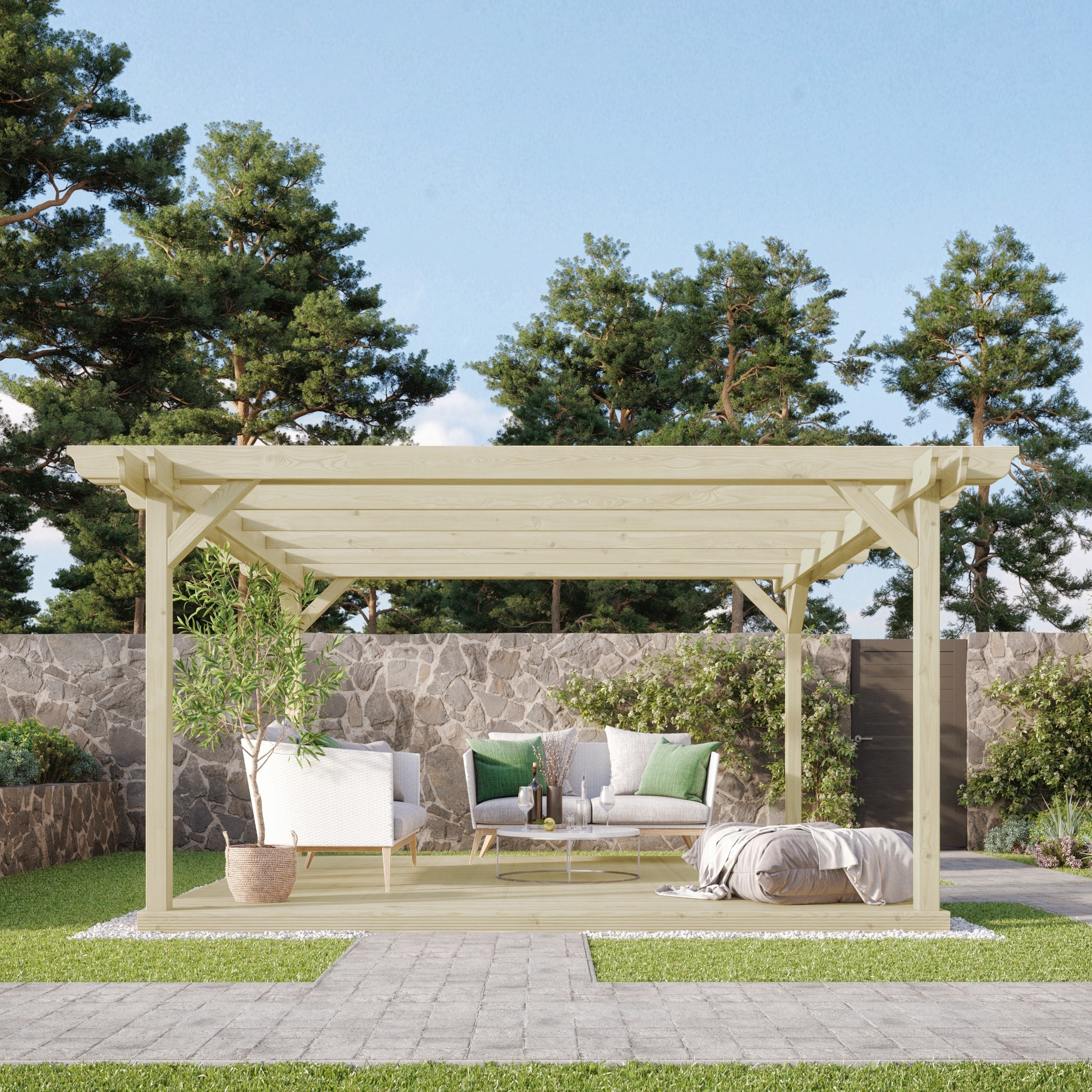 Freestanding Double Garden Pergola with Decking - Light Green - 2.4m Width x 2.4m Length