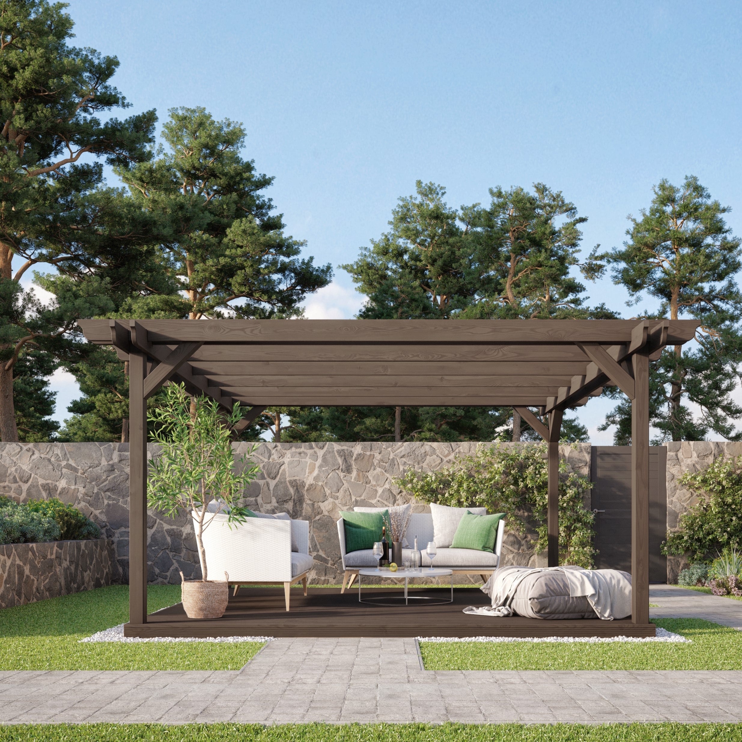 Freestanding Double Garden Pergola with Decking - Rustic Brown - 3m Width x 3m Length