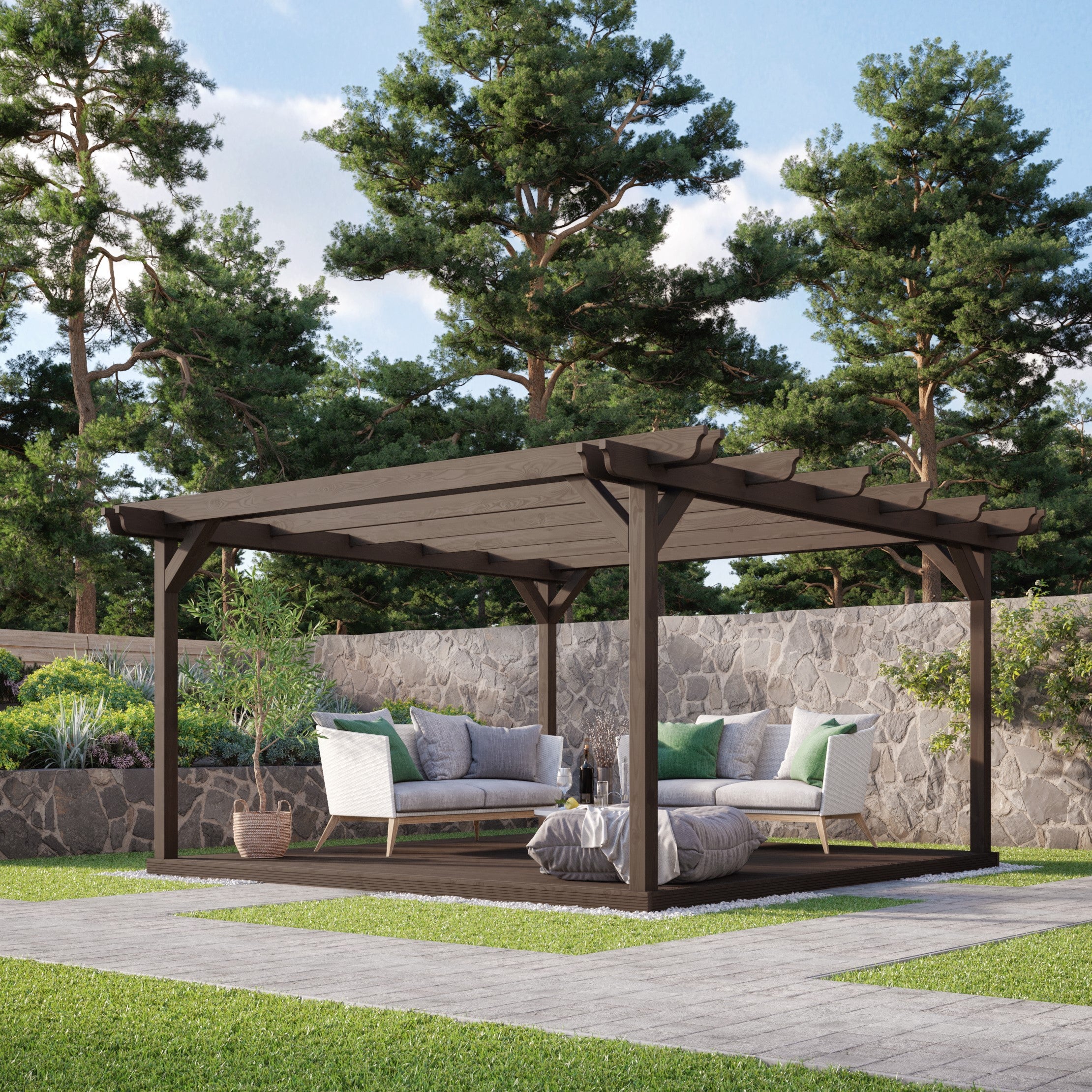 Freestanding Double Garden Pergola with Decking - Rustic Brown - 3m Width x 3m Length
